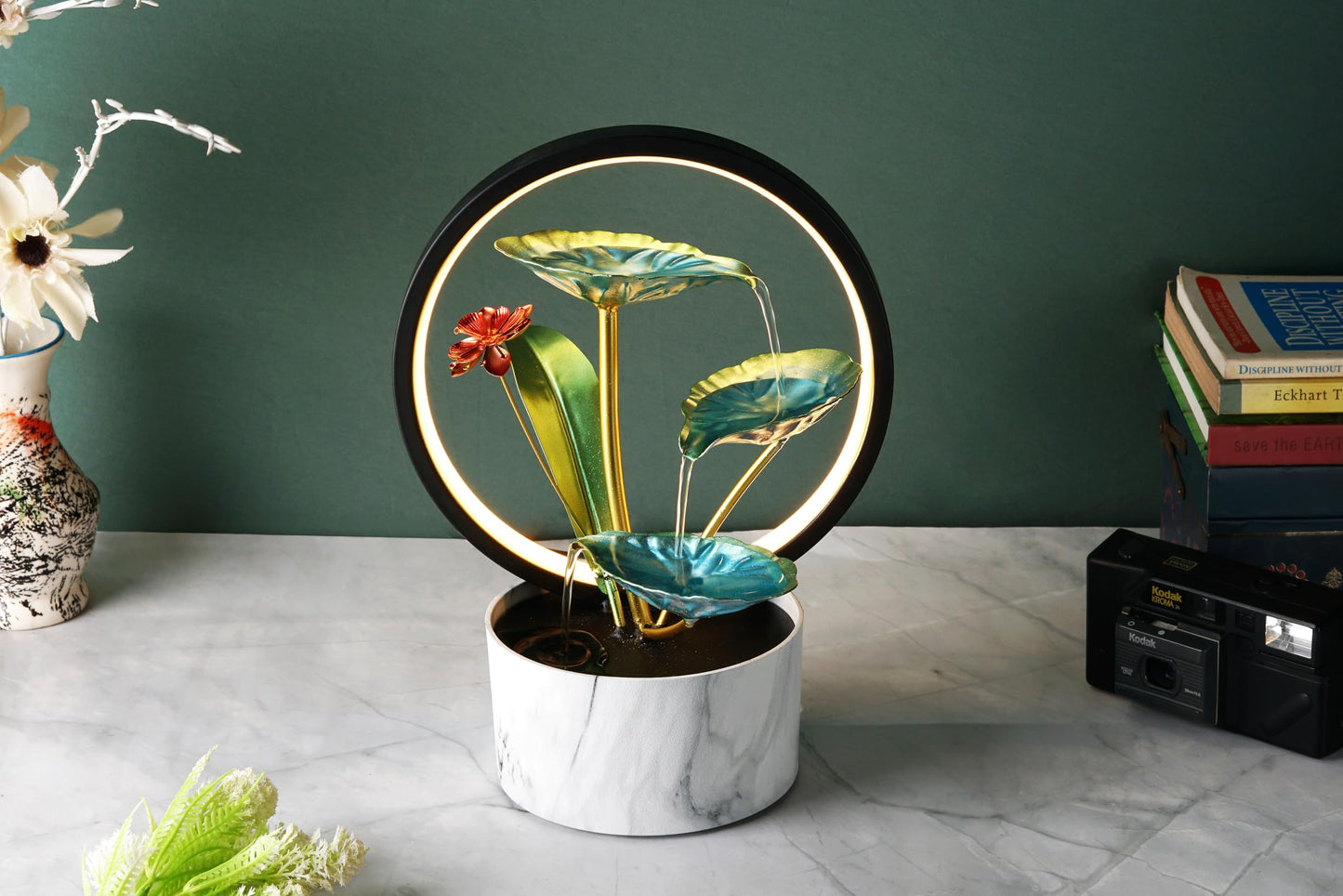 HOME ELEMENTS metal Water Fountains with Ring Light for HOME Decor Tabletop Indoor Desktop Showpiece Fountain for Living Room Bedroom Office Housewarming Gift Meditation Zen Water Fountain -25x17x37cm