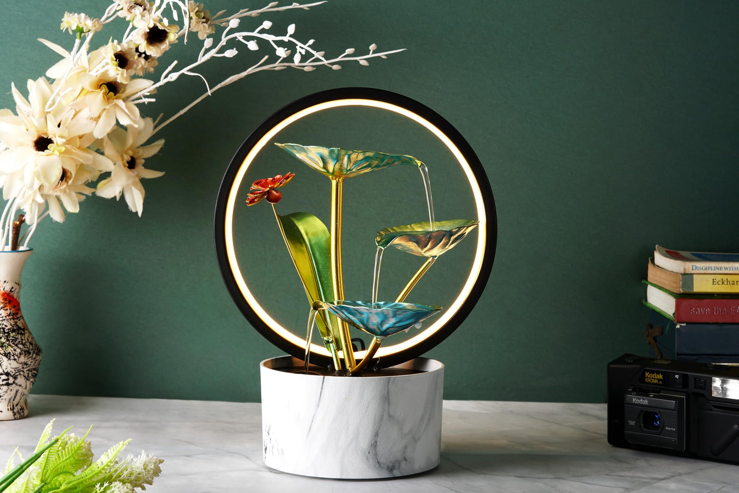 HOME ELEMENTS metal Water Fountains with Ring Light for HOME Decor Tabletop Indoor Desktop Showpiece Fountain for Living Room Bedroom Office Housewarming Gift Meditation Zen Water Fountain -25x17x37cm
