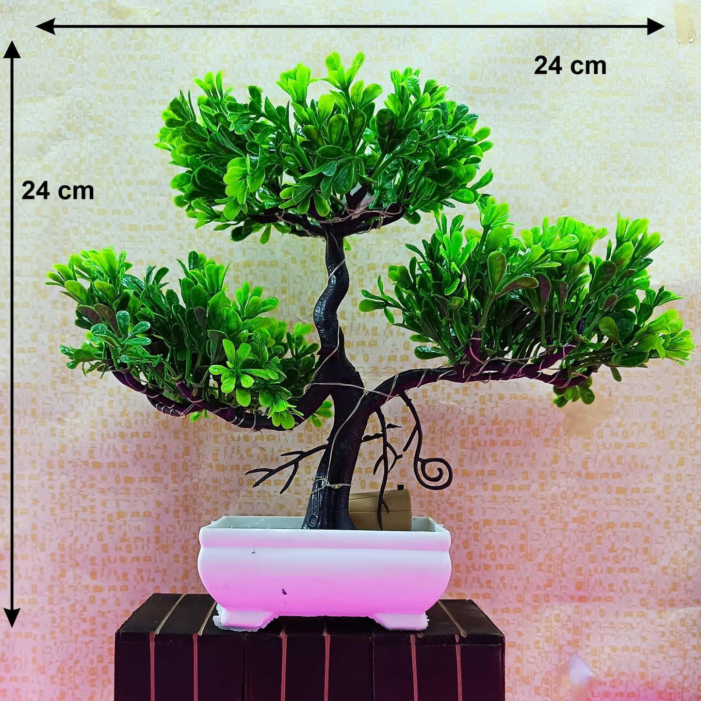 Small Potted Artificial Plant Bonsai Tree with LED Light (24cm) Plastic Fake Indoor Potted Houseplants Bedroom Living Room Décor, Home Office Tabletop Working Desk Décor (1PC, YG)