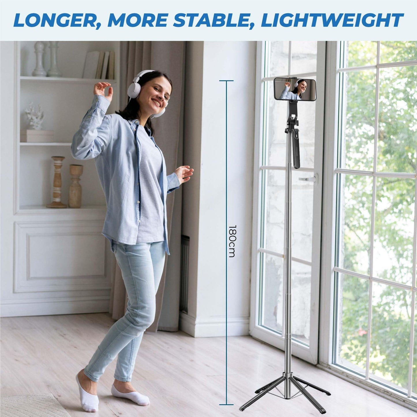 Kratos K5 Selfie Stick Tripod with Balance Handle, 64 inch & Stable 4 Leg Design,Recharable BT Remote, Long Tripod Stand for 360° Rotation Panoramic Shoot, Made for Phones,Ring Light, Gopro,Camera
