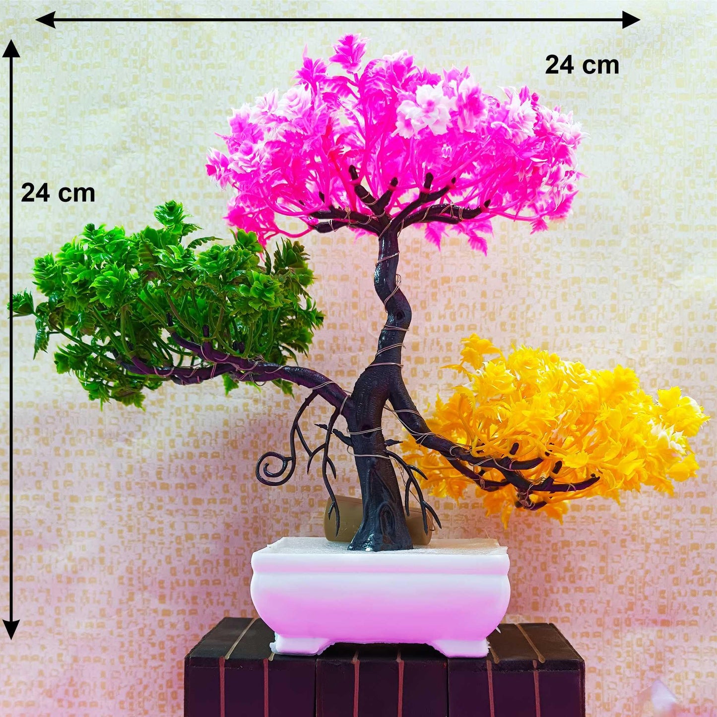 Small Potted Artificial Plant Bonsai Tree with LED Light (24cm) Plastic Fake Indoor Potted Houseplants Bedroom Living Room Décor, Home Office Tabletop Working Desk Décor (1PC, YG)