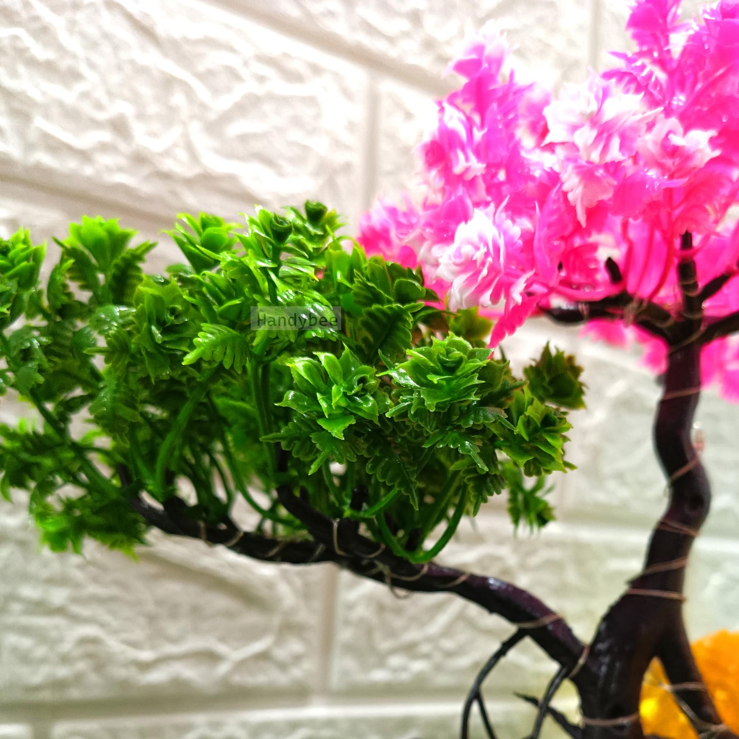 Small Potted Artificial Plant Bonsai Tree with LED Light (24cm) Plastic Fake Indoor Potted Houseplants Bedroom Living Room Décor, Home Office Tabletop Working Desk Décor (1PC, YG)
