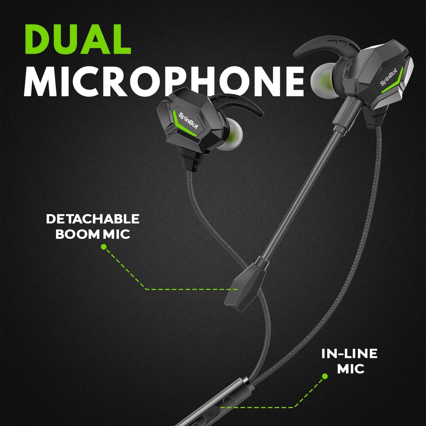 SpinBot BattleBudz W20 Gaming Wired Earphones with Dual Mic | Detachable Boom Mic, 10mm Gaming-Tuned Drivers, Shark Fin Eartips for Mobile, PC/Laptop, Xbox One, PS4, PS5 (Green)
