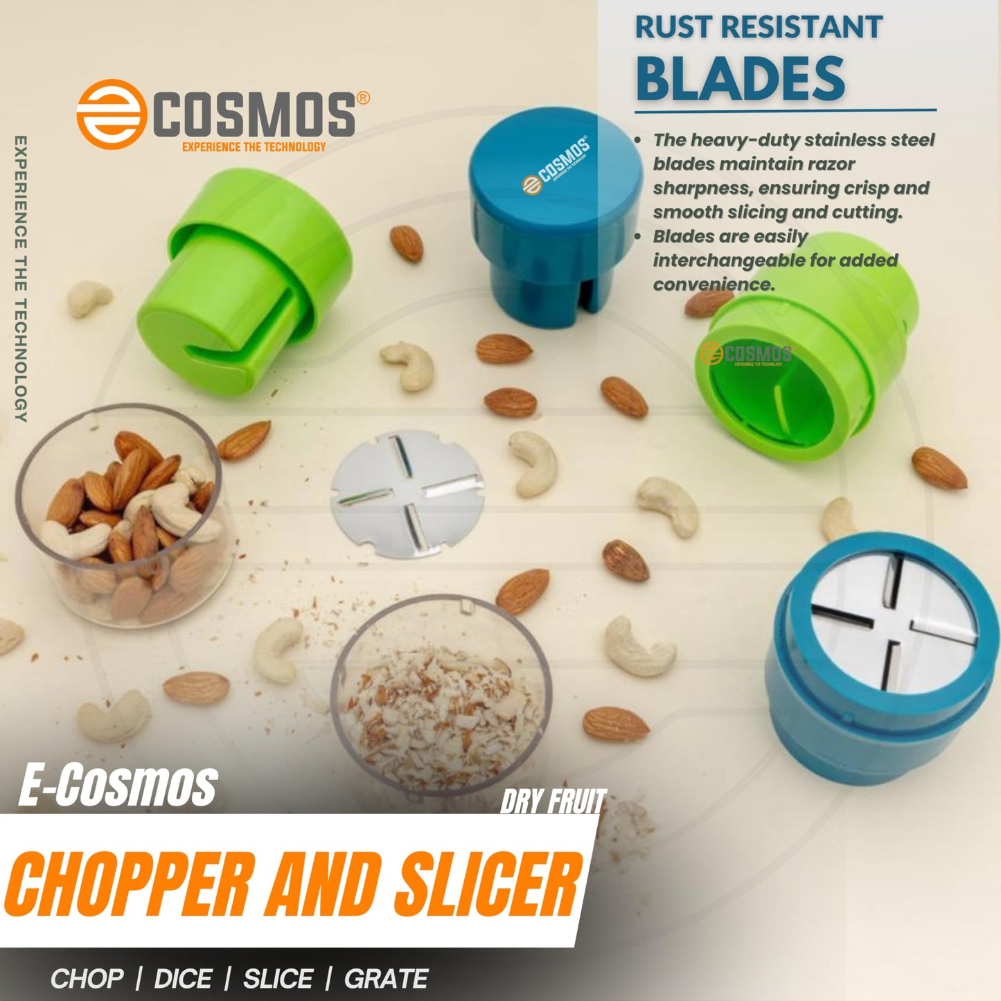 E-COSMOS Dry Fruit Cutter, Grinder, Chocolate Cutter, Slicer for Pista, Almonds, Cashews with 3 in 1 Blade - Color May Vary (Pack of 1)