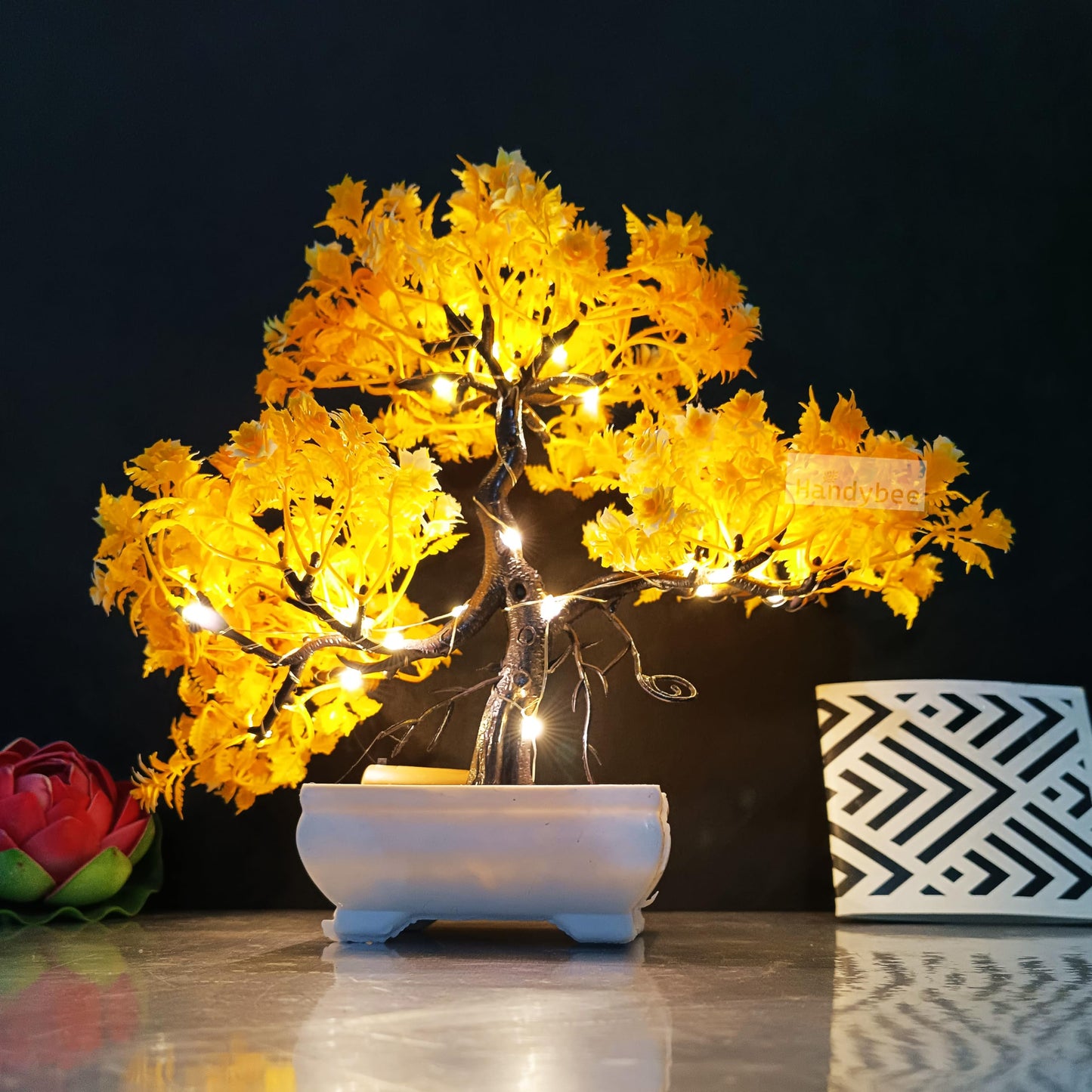 Small Potted Artificial Plant Bonsai Tree with LED Light (24cm) Plastic Fake Indoor Potted Houseplants Bedroom Living Room Décor, Home Office Tabletop Working Desk Décor (1PC, YG)