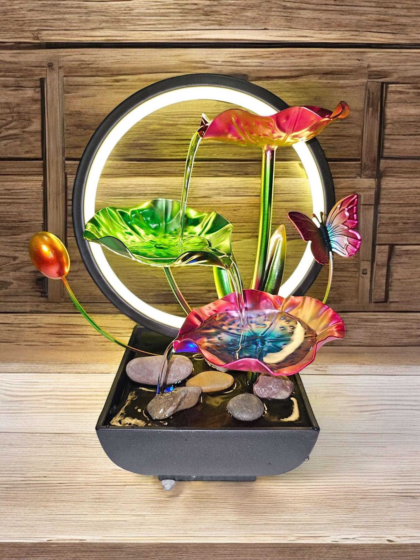 HOME ELEMENTS metal Water Fountains with Ring Light for HOME Decor Tabletop Indoor Desktop Showpiece Fountain for Living Room Bedroom Office Housewarming Gift Meditation Zen Water Fountain -25x17x37cm