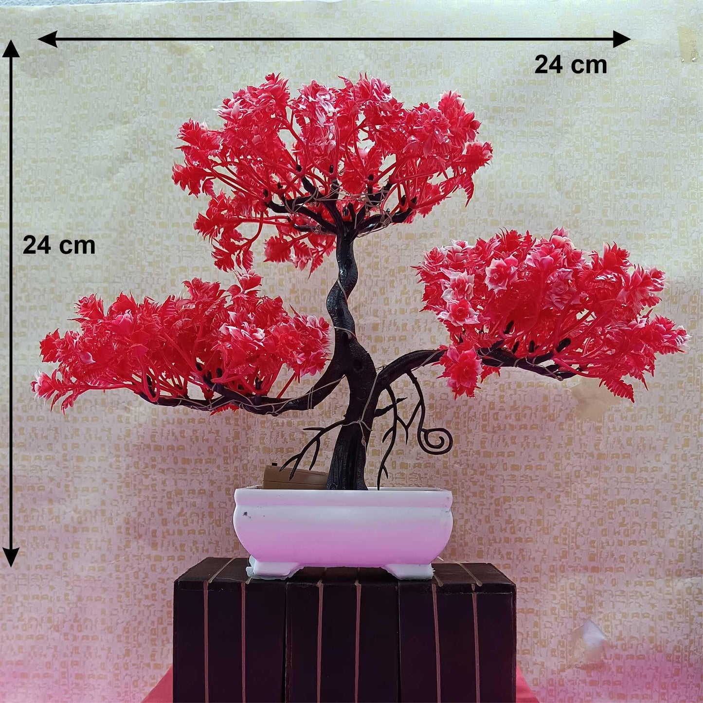 Small Potted Artificial Plant Bonsai Tree with LED Light (24cm) Plastic Fake Indoor Potted Houseplants Bedroom Living Room Décor, Home Office Tabletop Working Desk Décor (1PC, YG)