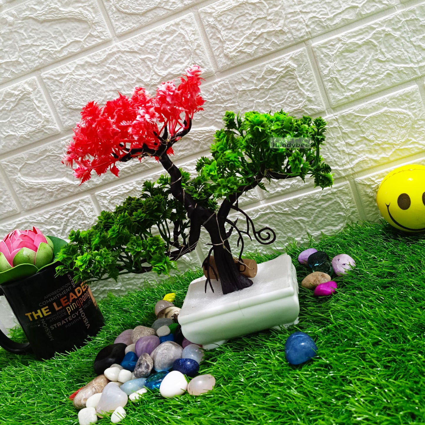Small Potted Artificial Plant Bonsai Tree with LED Light (24cm) Plastic Fake Indoor Potted Houseplants Bedroom Living Room Décor, Home Office Tabletop Working Desk Décor (1PC, YG)