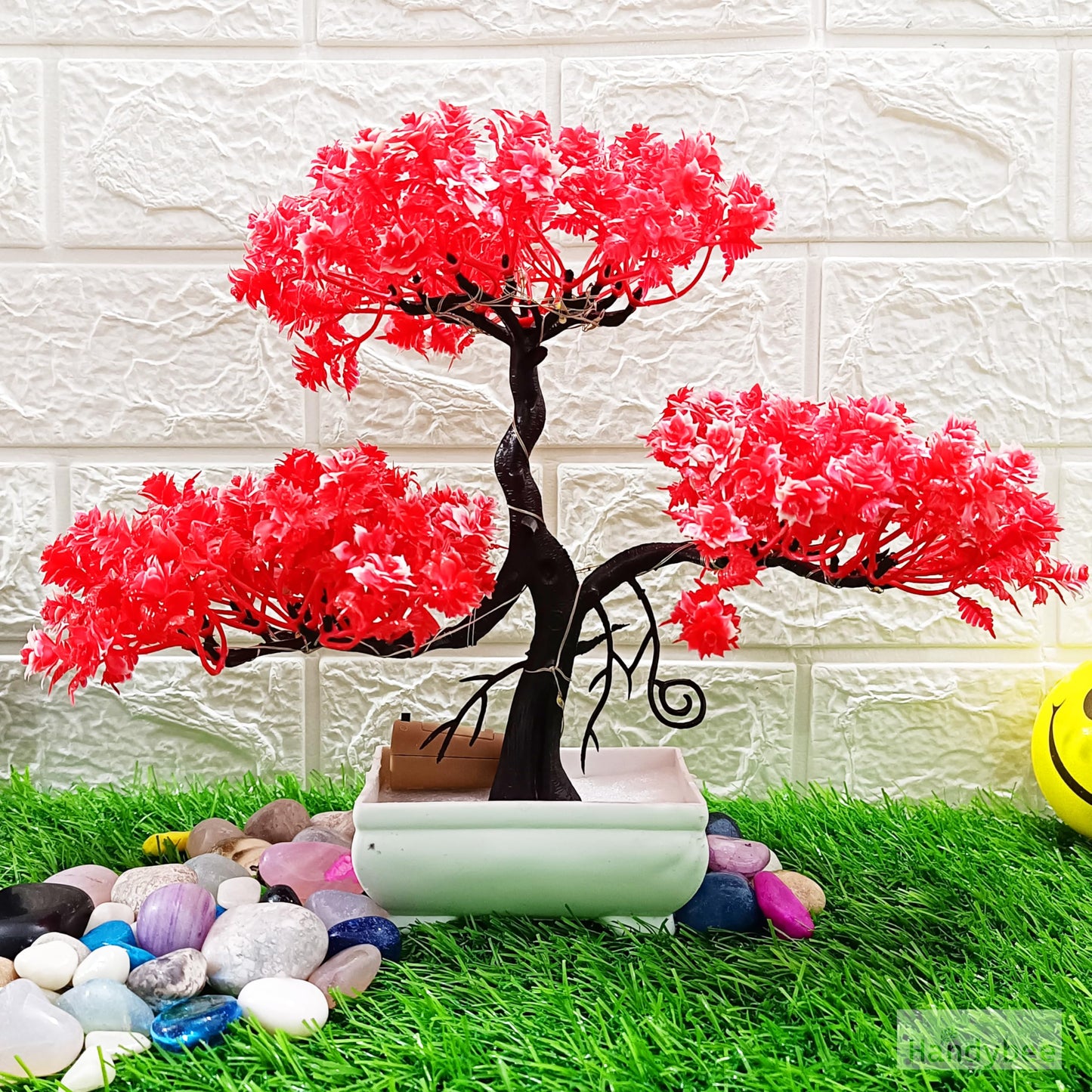 Small Potted Artificial Plant Bonsai Tree with LED Light (24cm) Plastic Fake Indoor Potted Houseplants Bedroom Living Room Décor, Home Office Tabletop Working Desk Décor (1PC, YG)