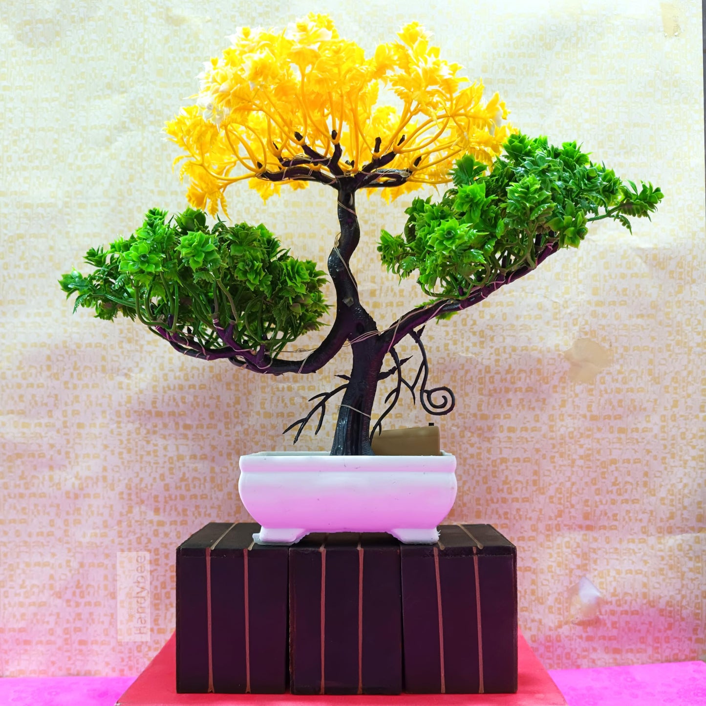Small Potted Artificial Plant Bonsai Tree with LED Light (24cm) Plastic Fake Indoor Potted Houseplants Bedroom Living Room Décor, Home Office Tabletop Working Desk Décor (1PC, YG)