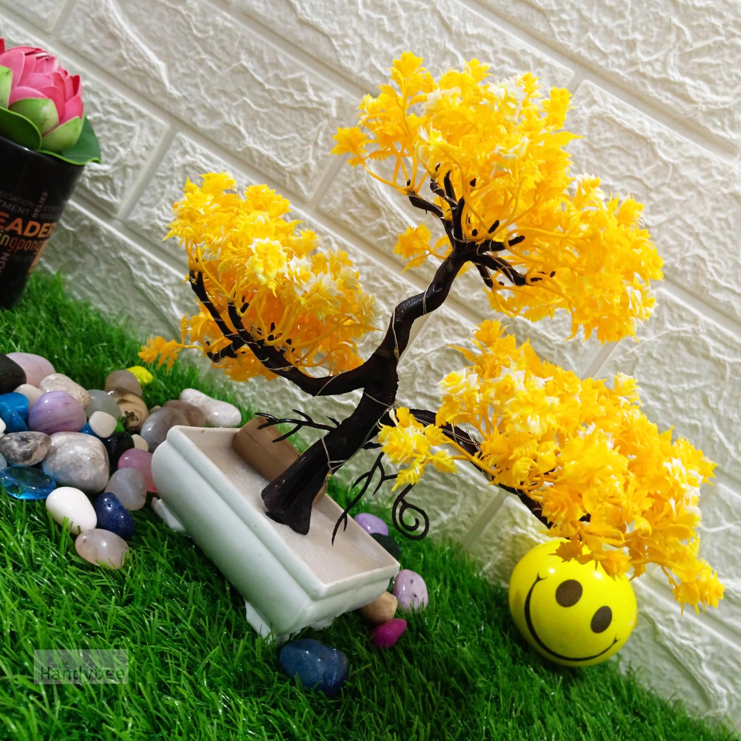 Small Potted Artificial Plant Bonsai Tree with LED Light (24cm) Plastic Fake Indoor Potted Houseplants Bedroom Living Room Décor, Home Office Tabletop Working Desk Décor (1PC, YG)