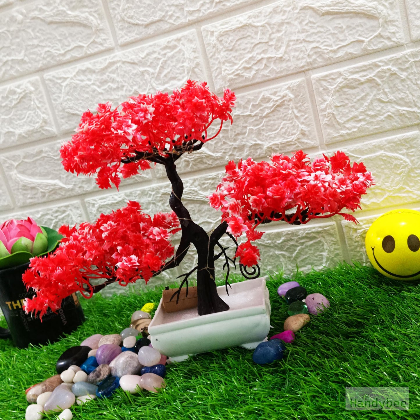 Small Potted Artificial Plant Bonsai Tree with LED Light (24cm) Plastic Fake Indoor Potted Houseplants Bedroom Living Room Décor, Home Office Tabletop Working Desk Décor (1PC, YG)