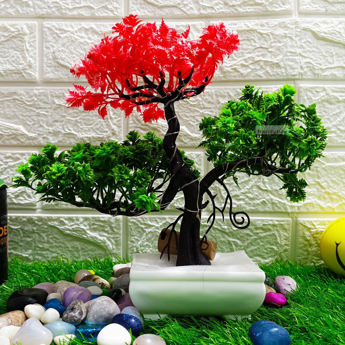 Small Potted Artificial Plant Bonsai Tree with LED Light (24cm) Plastic Fake Indoor Potted Houseplants Bedroom Living Room Décor, Home Office Tabletop Working Desk Décor (1PC, YG)