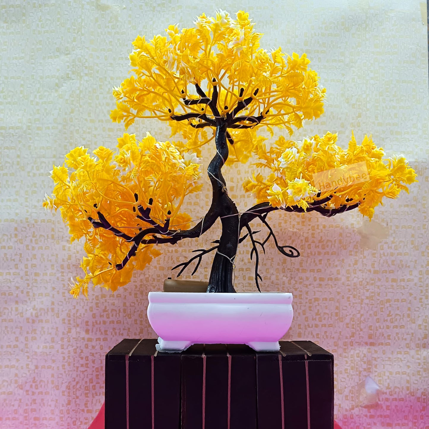 Small Potted Artificial Plant Bonsai Tree with LED Light (24cm) Plastic Fake Indoor Potted Houseplants Bedroom Living Room Décor, Home Office Tabletop Working Desk Décor (1PC, YG)