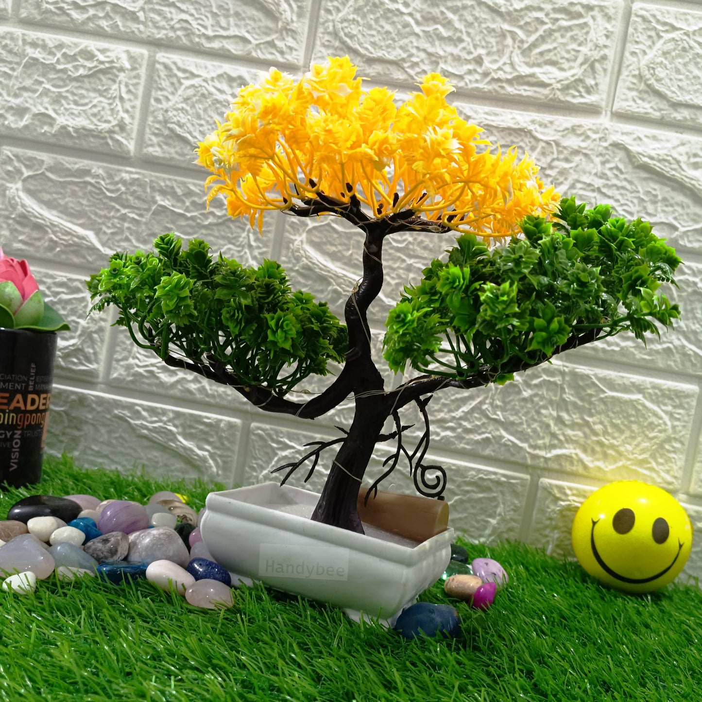Small Potted Artificial Plant Bonsai Tree with LED Light (24cm) Plastic Fake Indoor Potted Houseplants Bedroom Living Room Décor, Home Office Tabletop Working Desk Décor (1PC, YG)