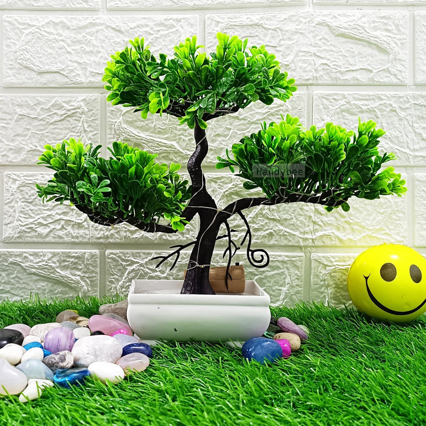 Small Potted Artificial Plant Bonsai Tree with LED Light (24cm) Plastic Fake Indoor Potted Houseplants Bedroom Living Room Décor, Home Office Tabletop Working Desk Décor (1PC, YG)