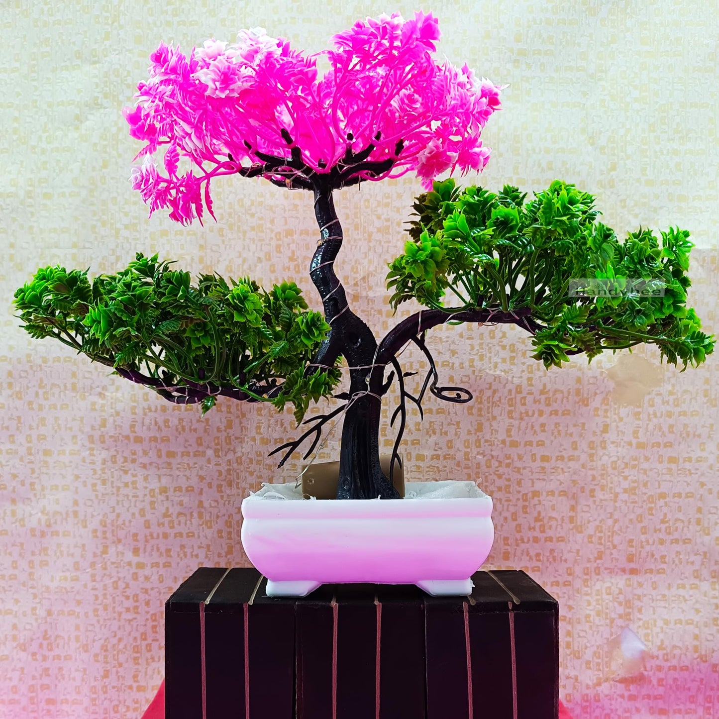 Small Potted Artificial Plant Bonsai Tree with LED Light (24cm) Plastic Fake Indoor Potted Houseplants Bedroom Living Room Décor, Home Office Tabletop Working Desk Décor (1PC, YG)