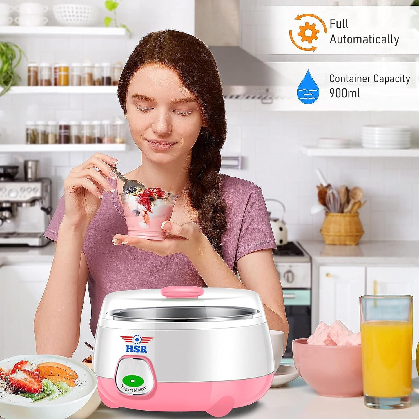 HSR Plastic and Stainless Steel Automatic Yogurt Maker (Size: 170x170x120mm, Bowl/Container Capacity: 900ml)