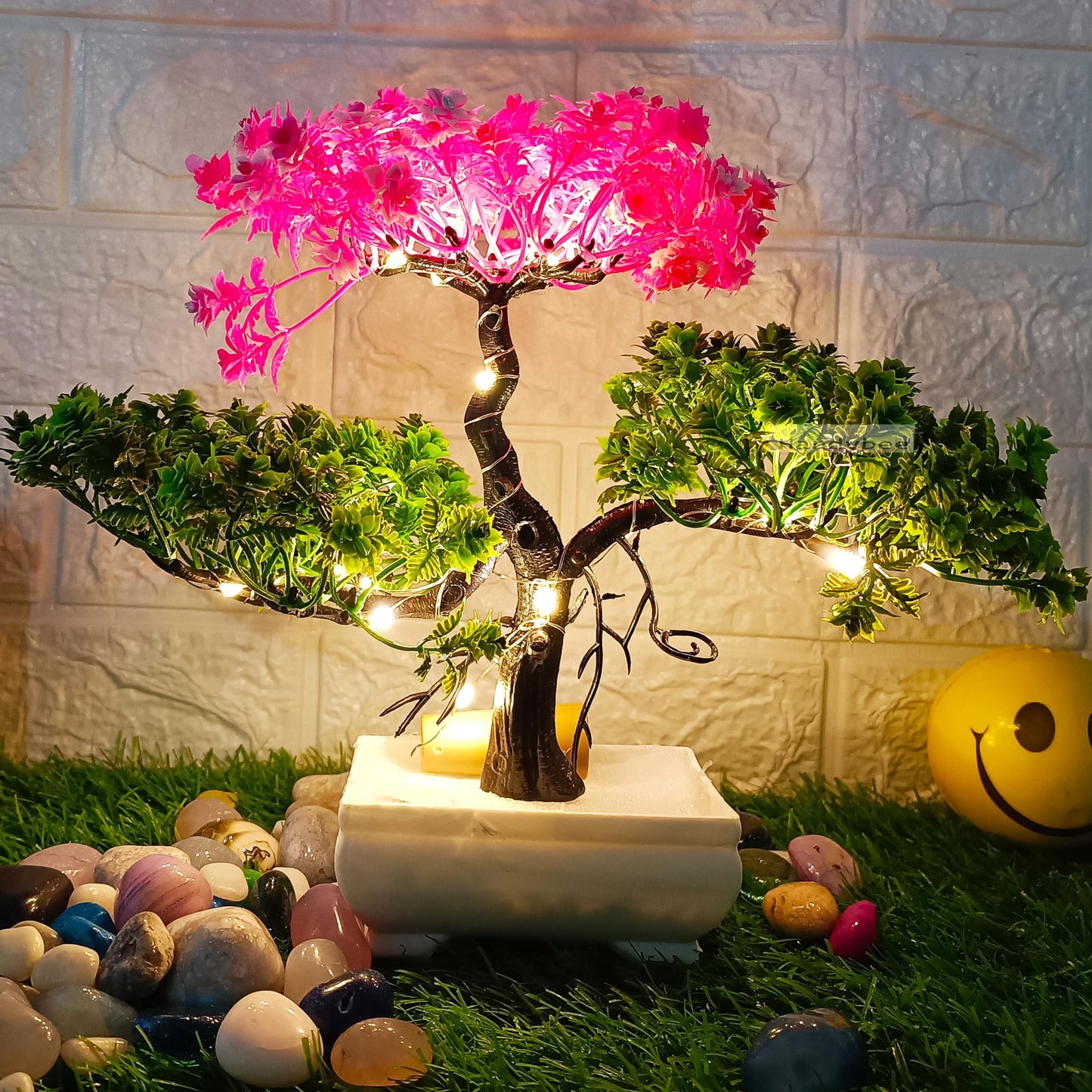 Small Potted Artificial Plant Bonsai Tree with LED Light (24cm) Plastic Fake Indoor Potted Houseplants Bedroom Living Room Décor, Home Office Tabletop Working Desk Décor (1PC, YG)