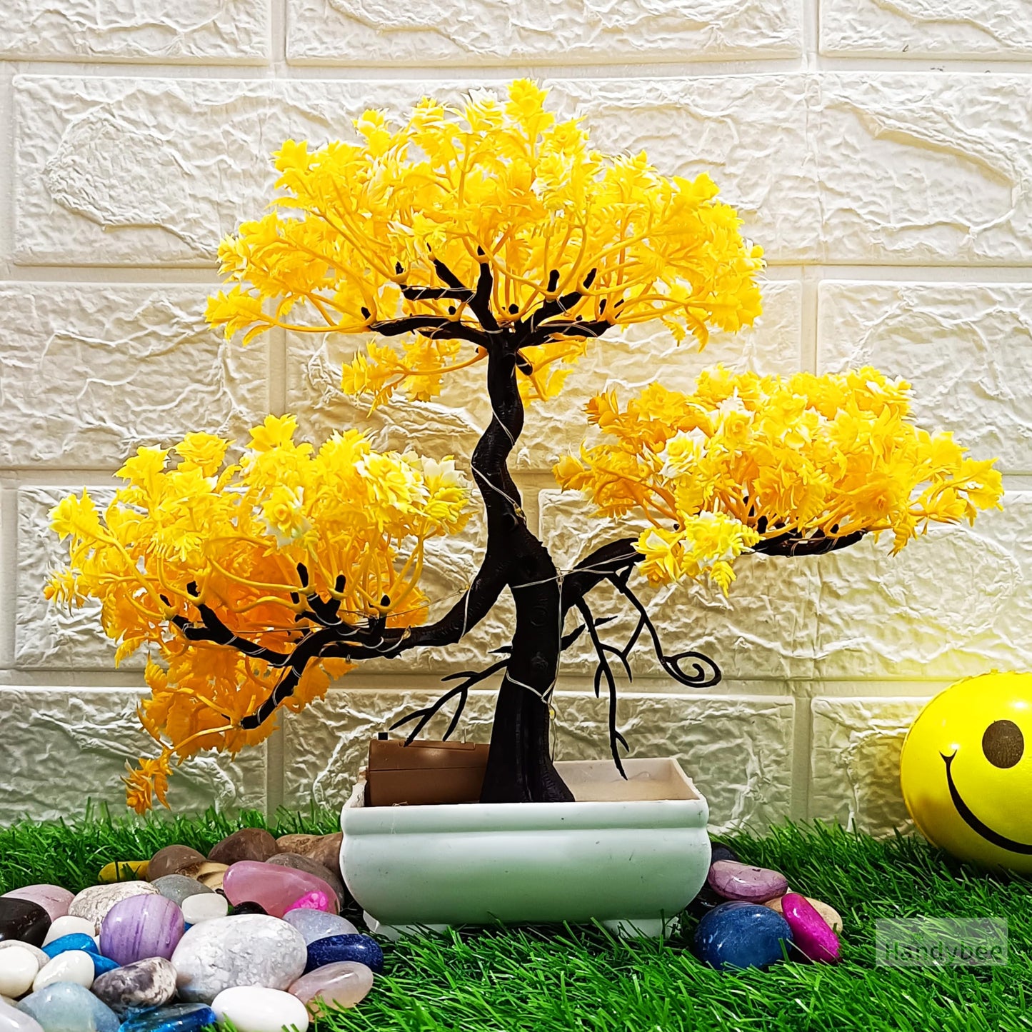 Small Potted Artificial Plant Bonsai Tree with LED Light (24cm) Plastic Fake Indoor Potted Houseplants Bedroom Living Room Décor, Home Office Tabletop Working Desk Décor (1PC, YG)