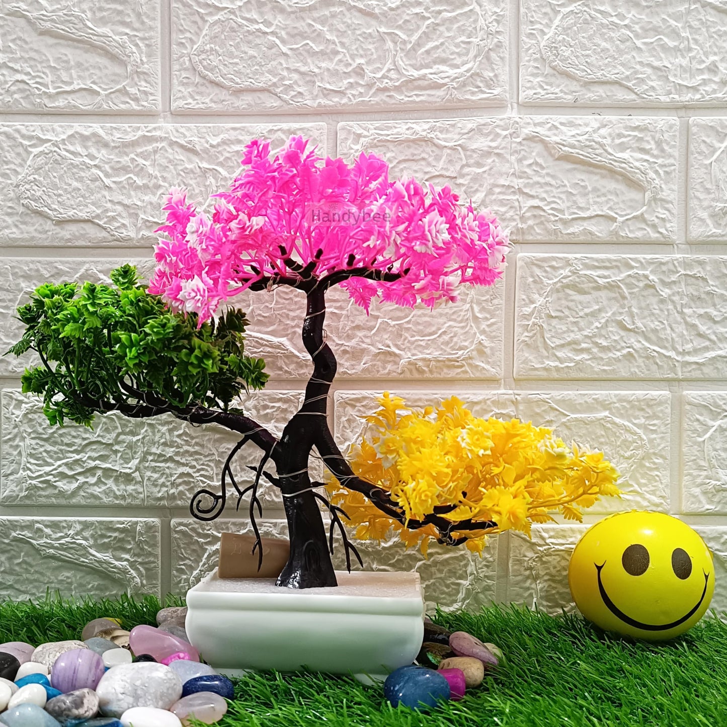 Small Potted Artificial Plant Bonsai Tree with LED Light (24cm) Plastic Fake Indoor Potted Houseplants Bedroom Living Room Décor, Home Office Tabletop Working Desk Décor (1PC, YG)
