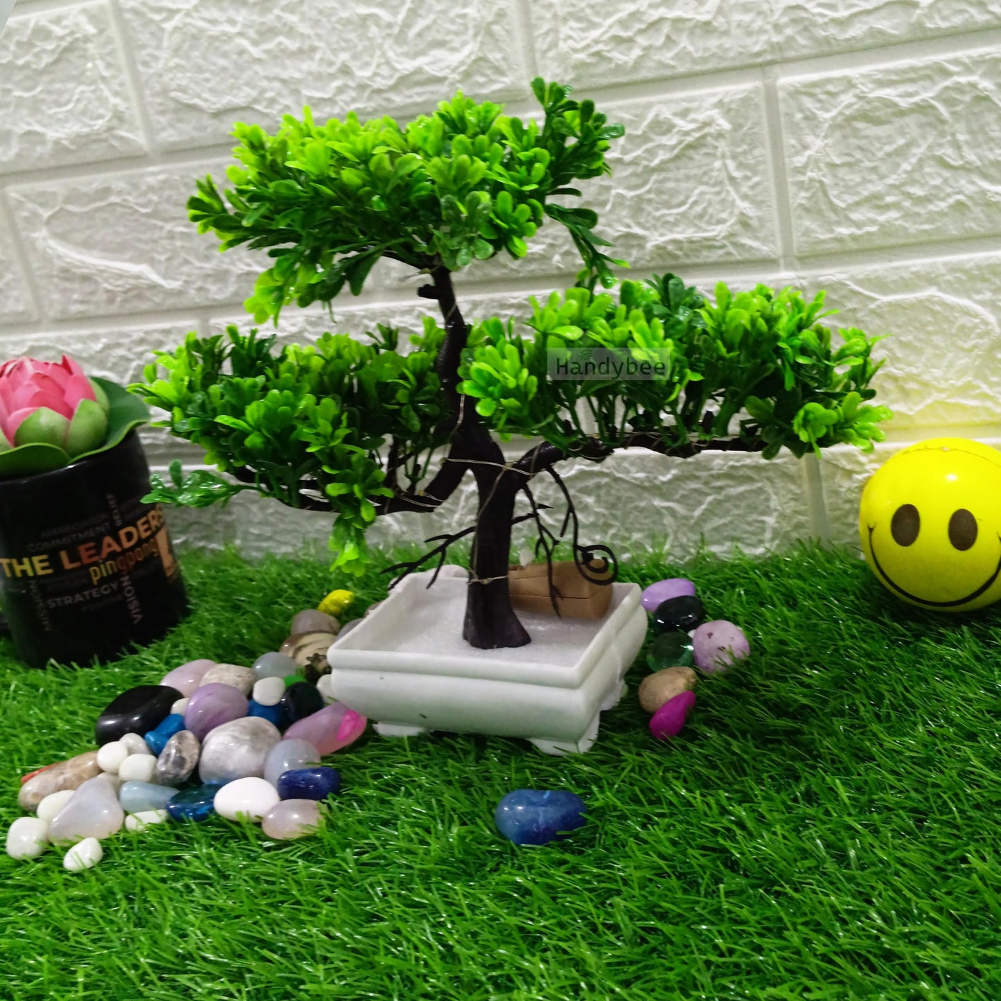 Small Potted Artificial Plant Bonsai Tree with LED Light (24cm) Plastic Fake Indoor Potted Houseplants Bedroom Living Room Décor, Home Office Tabletop Working Desk Décor (1PC, YG)