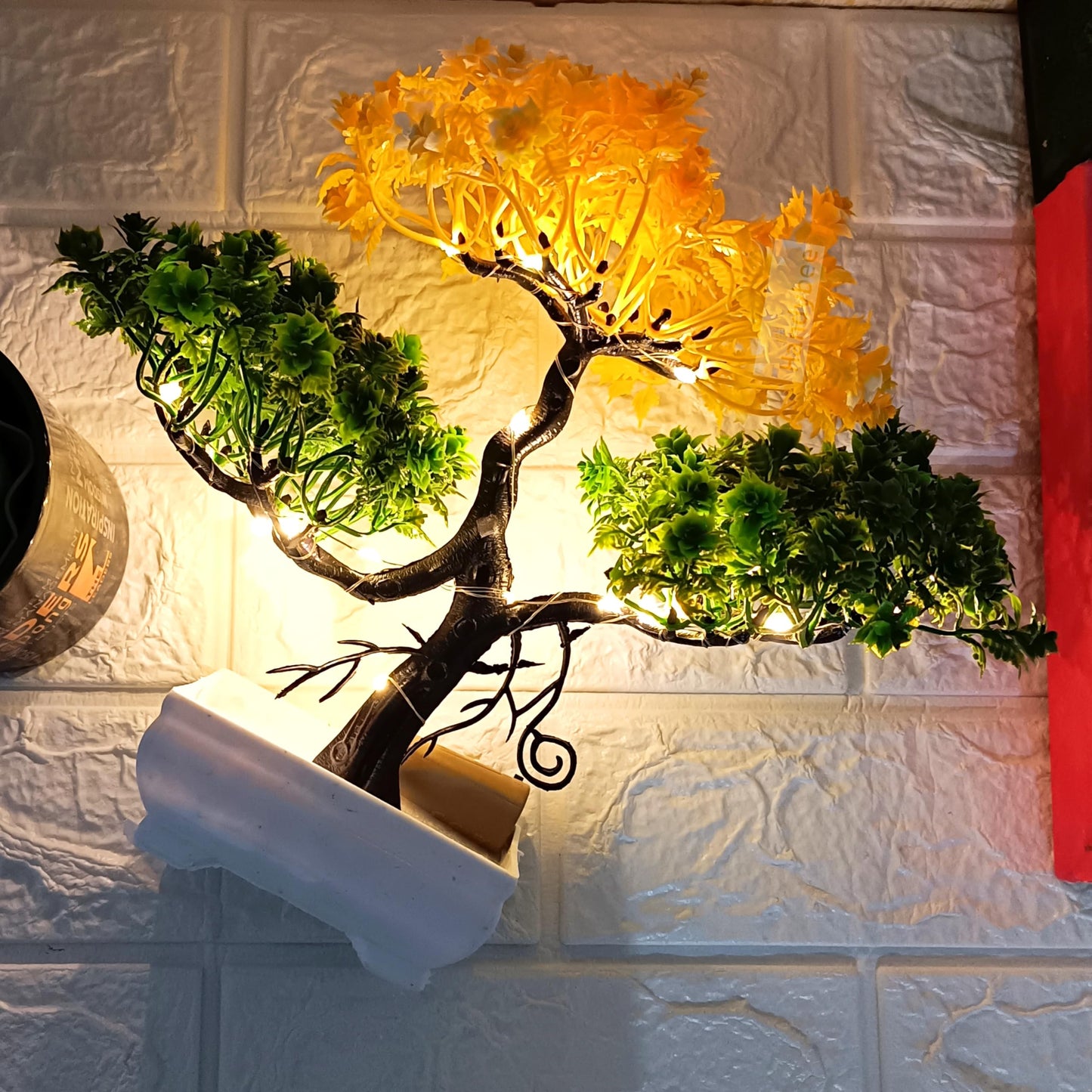 Small Potted Artificial Plant Bonsai Tree with LED Light (24cm) Plastic Fake Indoor Potted Houseplants Bedroom Living Room Décor, Home Office Tabletop Working Desk Décor (1PC, YG)