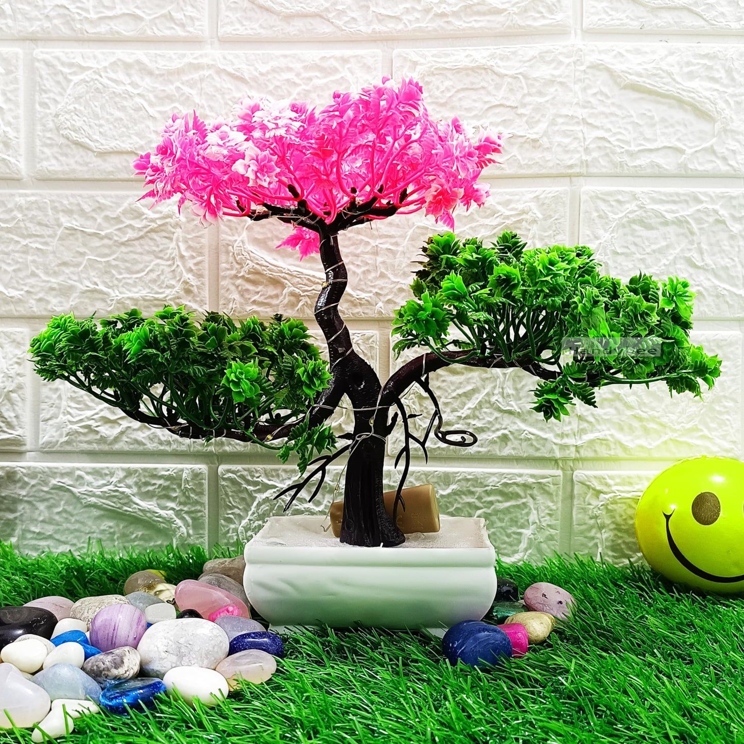 Small Potted Artificial Plant Bonsai Tree with LED Light (24cm) Plastic Fake Indoor Potted Houseplants Bedroom Living Room Décor, Home Office Tabletop Working Desk Décor (1PC, YG)