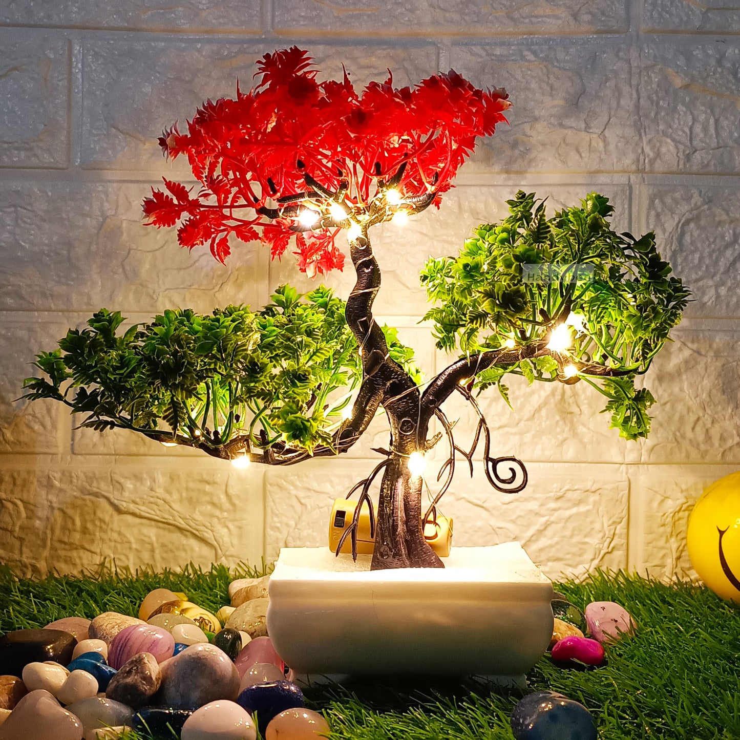 Small Potted Artificial Plant Bonsai Tree with LED Light (24cm) Plastic Fake Indoor Potted Houseplants Bedroom Living Room Décor, Home Office Tabletop Working Desk Décor (1PC, YG)