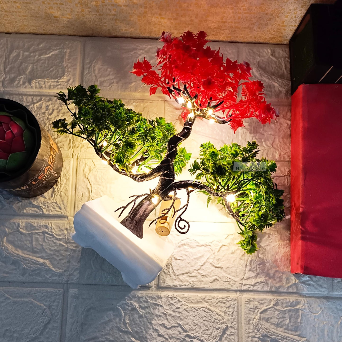 Small Potted Artificial Plant Bonsai Tree with LED Light (24cm) Plastic Fake Indoor Potted Houseplants Bedroom Living Room Décor, Home Office Tabletop Working Desk Décor (1PC, YG)