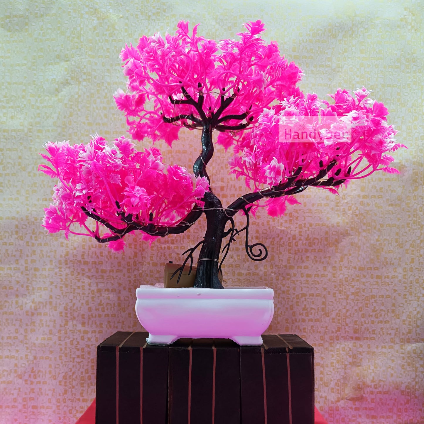 Small Potted Artificial Plant Bonsai Tree with LED Light (24cm) Plastic Fake Indoor Potted Houseplants Bedroom Living Room Décor, Home Office Tabletop Working Desk Décor (1PC, YG)