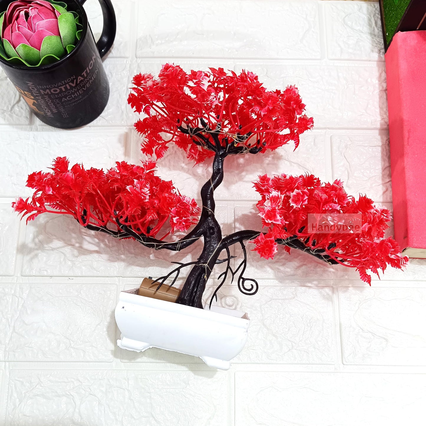 Small Potted Artificial Plant Bonsai Tree with LED Light (24cm) Plastic Fake Indoor Potted Houseplants Bedroom Living Room Décor, Home Office Tabletop Working Desk Décor (1PC, YG)