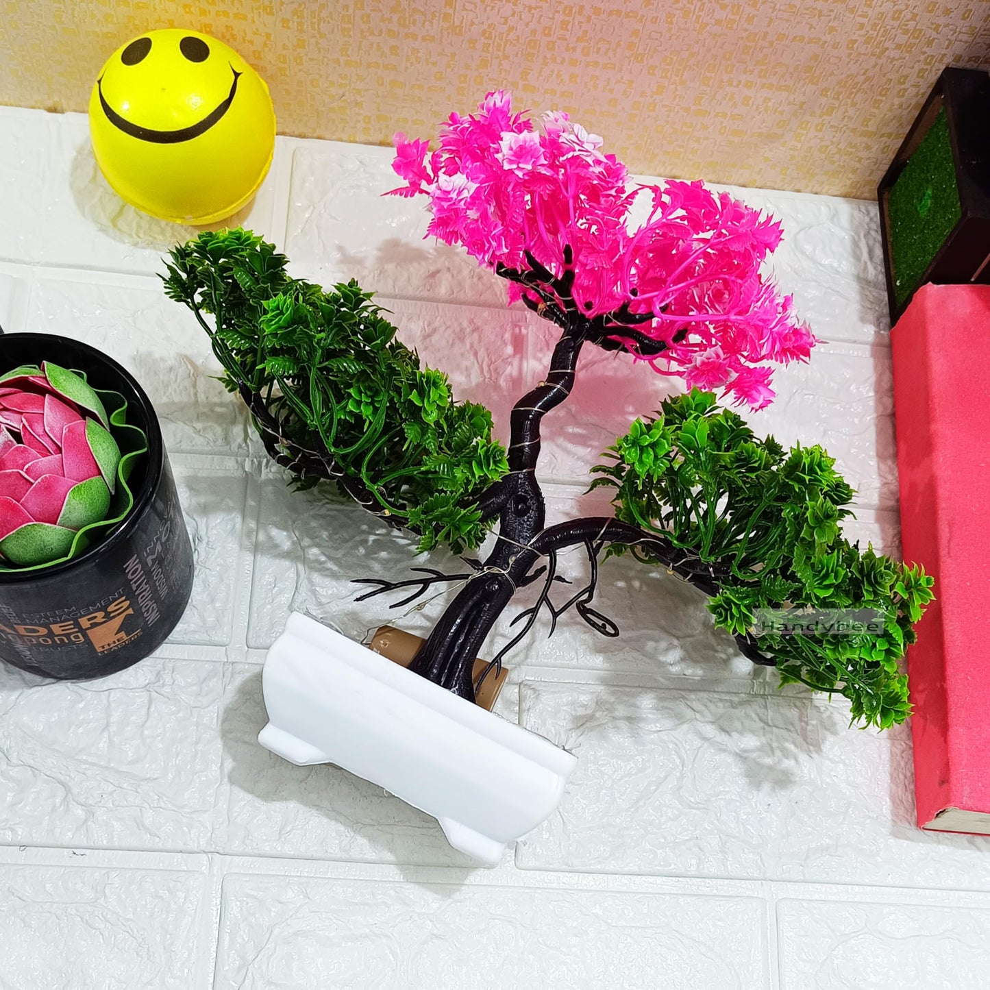 Small Potted Artificial Plant Bonsai Tree with LED Light (24cm) Plastic Fake Indoor Potted Houseplants Bedroom Living Room Décor, Home Office Tabletop Working Desk Décor (1PC, YG)