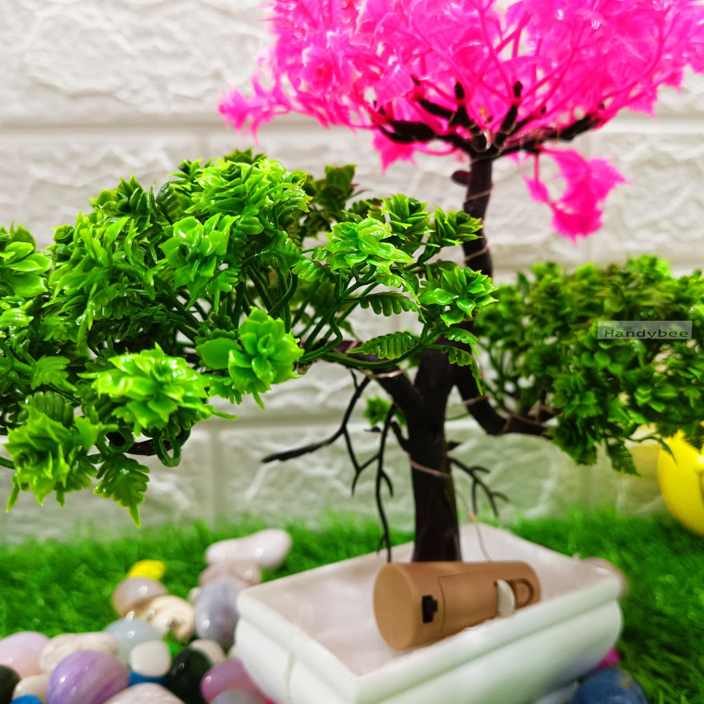 Small Potted Artificial Plant Bonsai Tree with LED Light (24cm) Plastic Fake Indoor Potted Houseplants Bedroom Living Room Décor, Home Office Tabletop Working Desk Décor (1PC, YG)