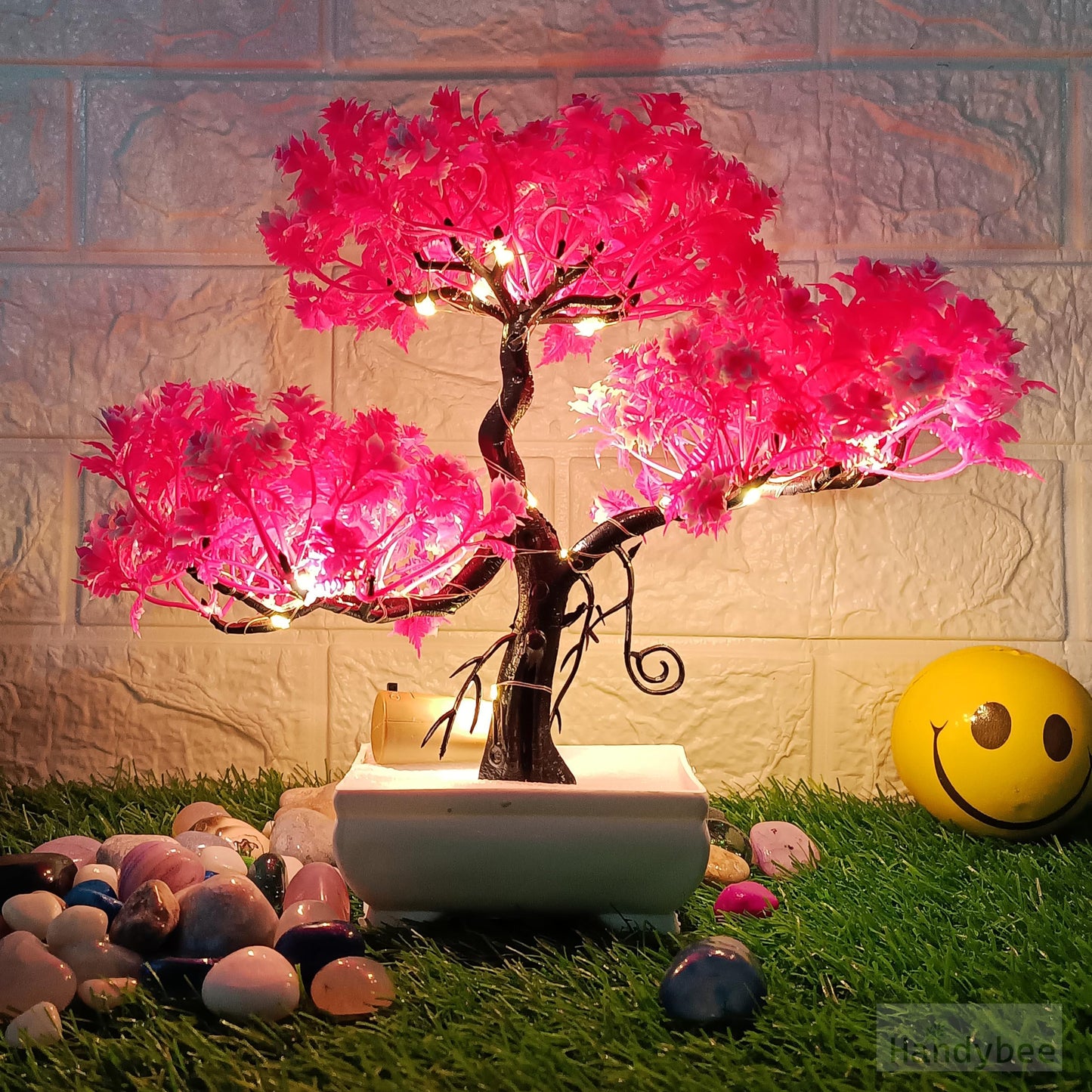 Small Potted Artificial Plant Bonsai Tree with LED Light (24cm) Plastic Fake Indoor Potted Houseplants Bedroom Living Room Décor, Home Office Tabletop Working Desk Décor (1PC, YG)