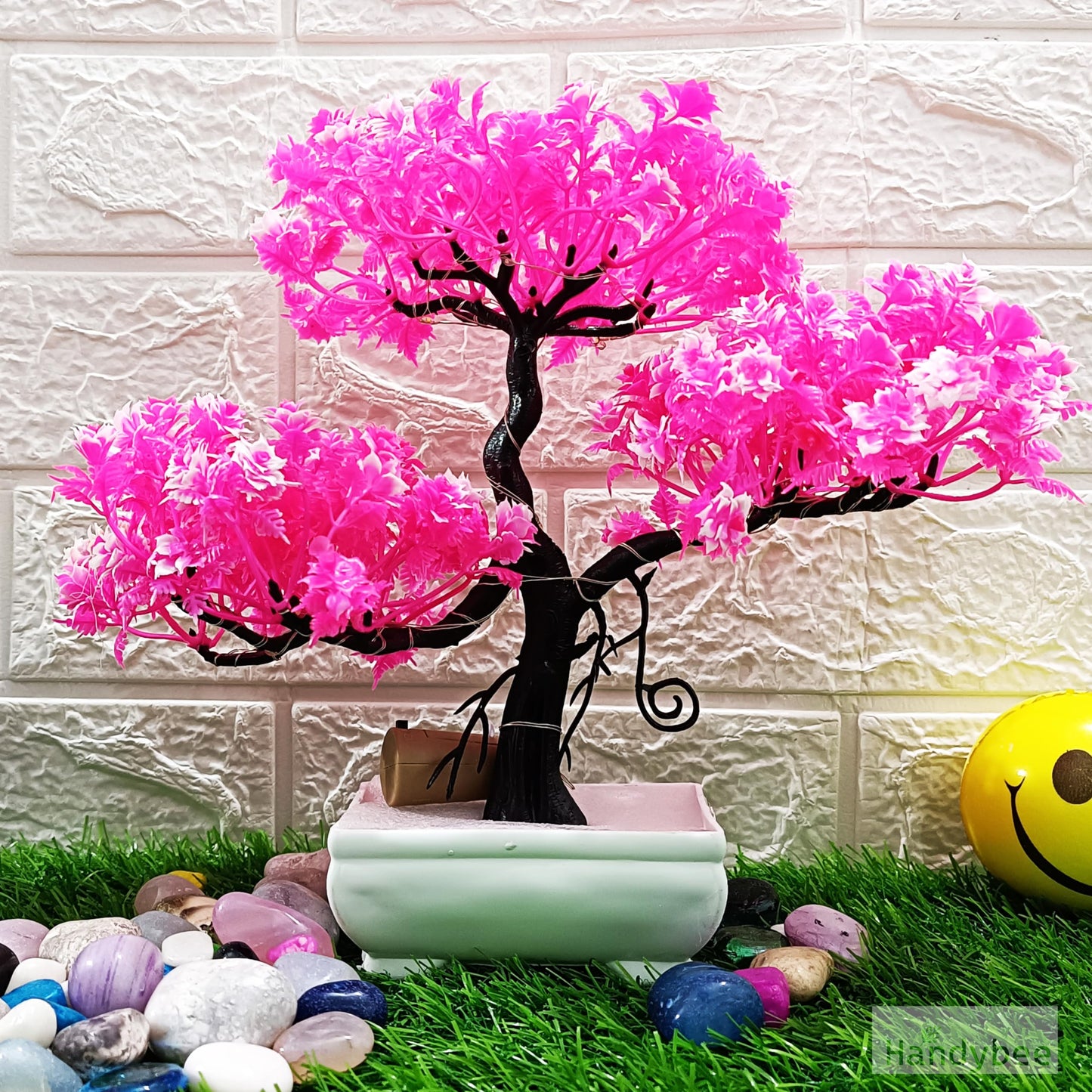 Small Potted Artificial Plant Bonsai Tree with LED Light (24cm) Plastic Fake Indoor Potted Houseplants Bedroom Living Room Décor, Home Office Tabletop Working Desk Décor (1PC, YG)