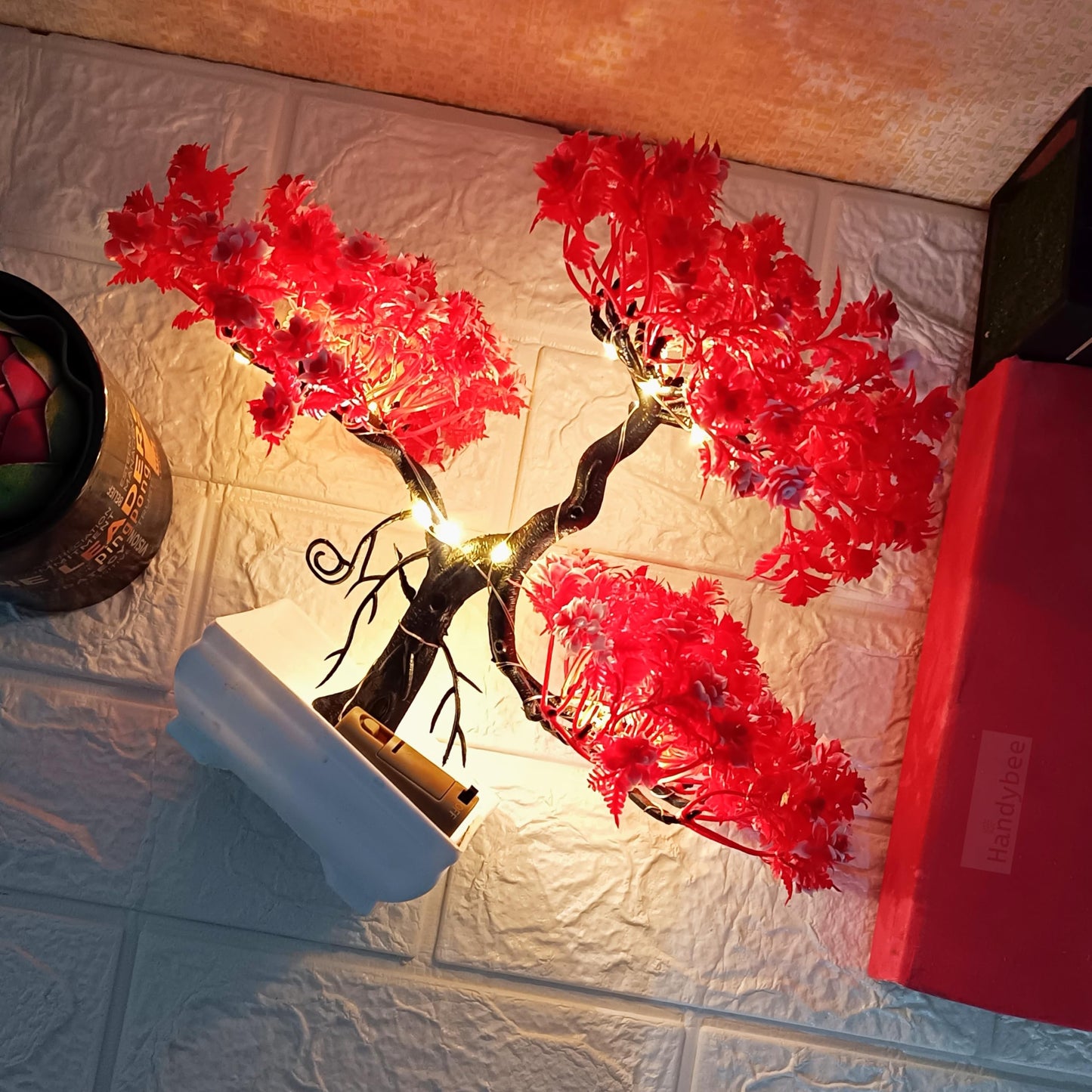Small Potted Artificial Plant Bonsai Tree with LED Light (24cm) Plastic Fake Indoor Potted Houseplants Bedroom Living Room Décor, Home Office Tabletop Working Desk Décor (1PC, YG)