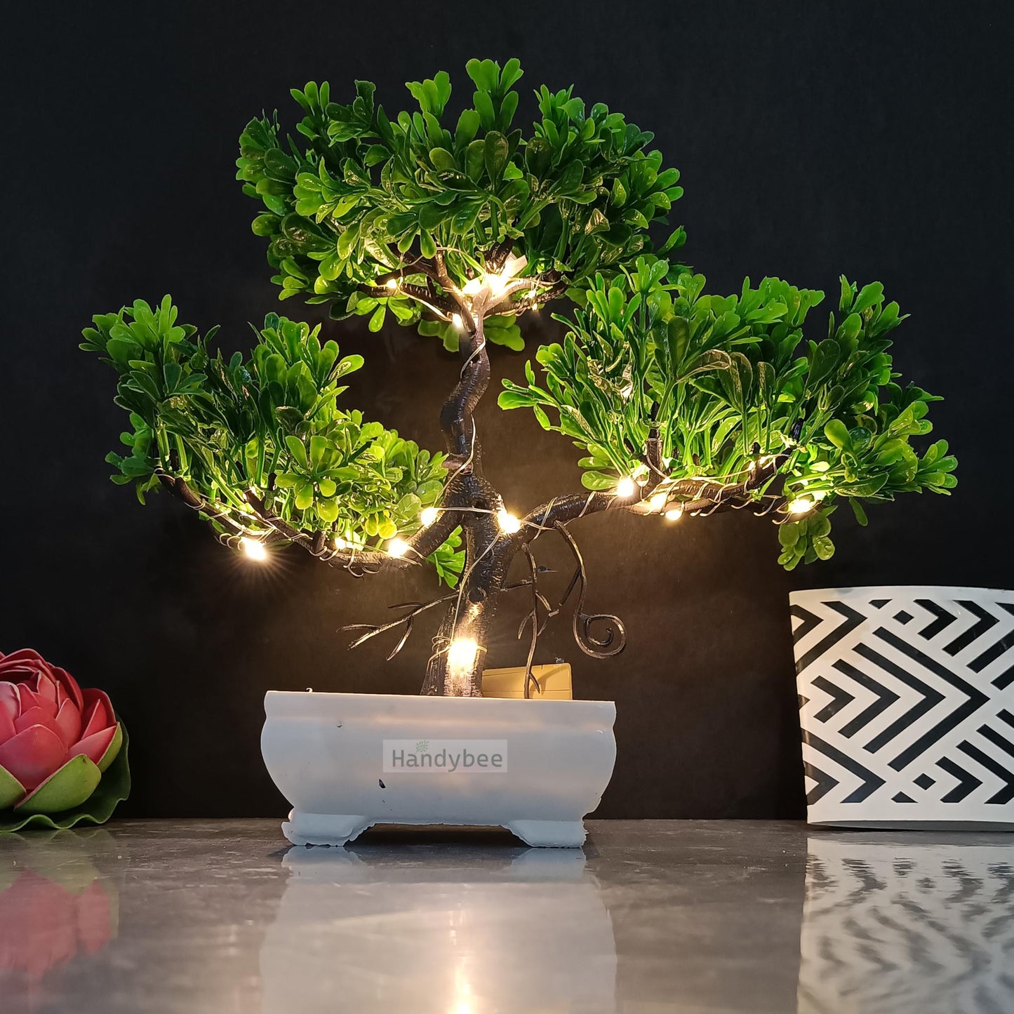 Small Potted Artificial Plant Bonsai Tree with LED Light (24cm) Plastic Fake Indoor Potted Houseplants Bedroom Living Room Décor, Home Office Tabletop Working Desk Décor (1PC, YG)