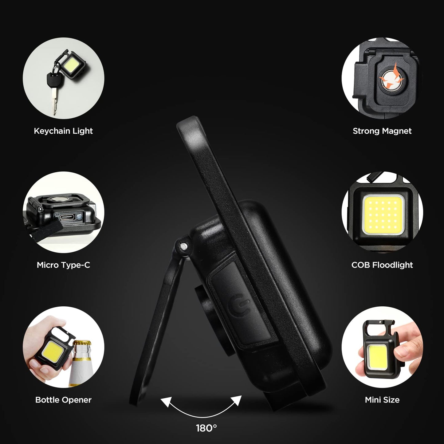 DOTCOM jeegol LED Mini Cob Keychain and Magentic Flashlight Portable USB Rechargeable Light 3 Light Modes with Folding Bracket,for Walking Camping?Square?,Black, 1000 Lumen