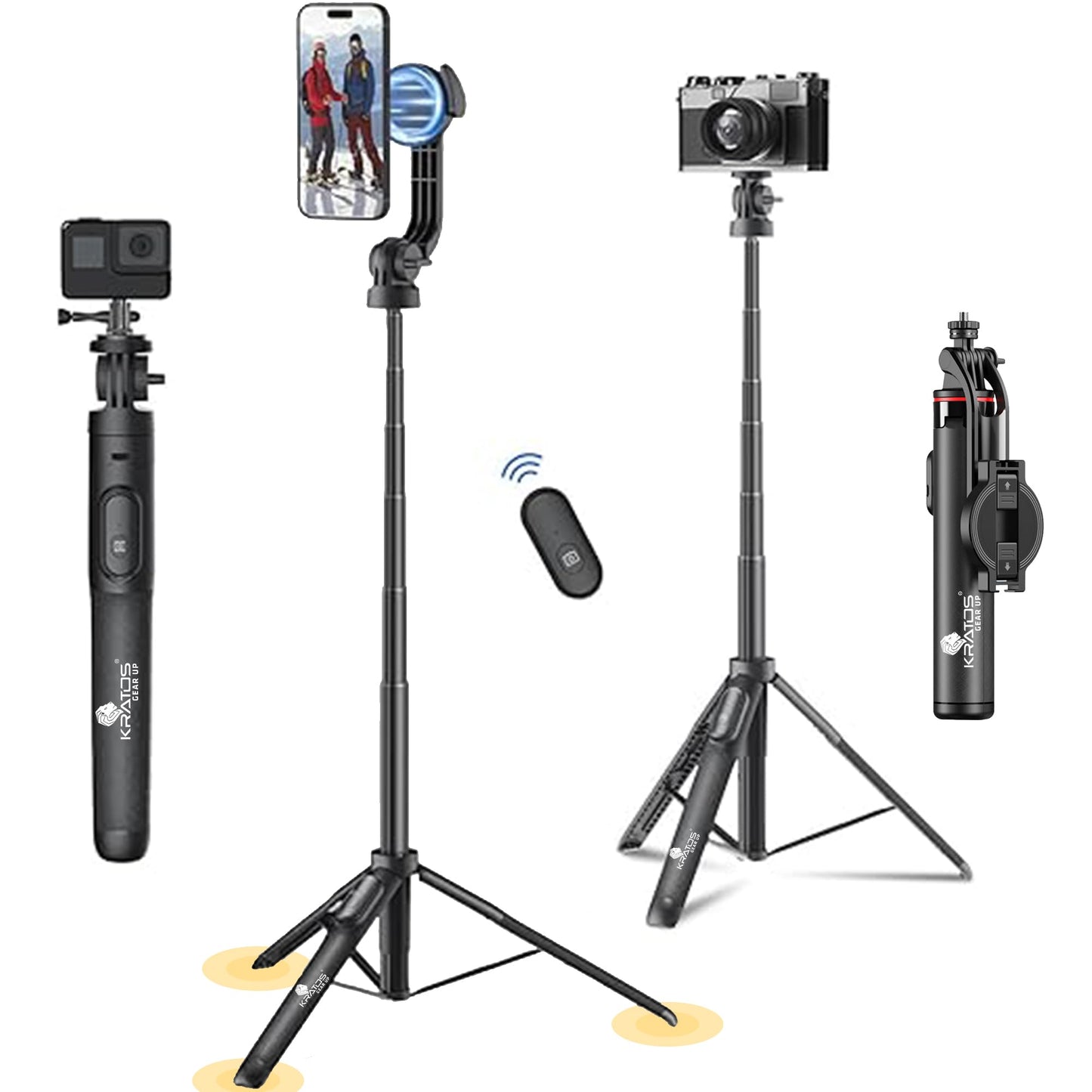 Kratos K5 Selfie Stick Tripod with Balance Handle, 64 inch & Stable 4 Leg Design,Recharable BT Remote, Long Tripod Stand for 360° Rotation Panoramic Shoot, Made for Phones,Ring Light, Gopro,Camera