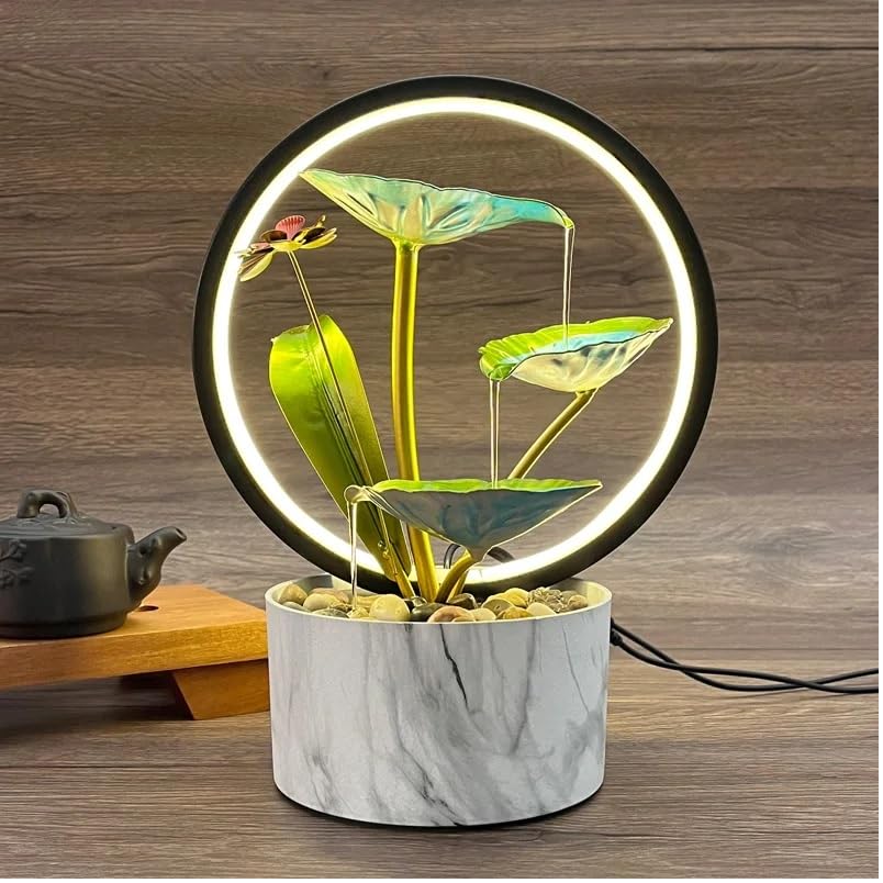 HOME ELEMENTS metal Water Fountains with Ring Light for HOME Decor Tabletop Indoor Desktop Showpiece Fountain for Living Room Bedroom Office Housewarming Gift Meditation Zen Water Fountain -25x17x37cm