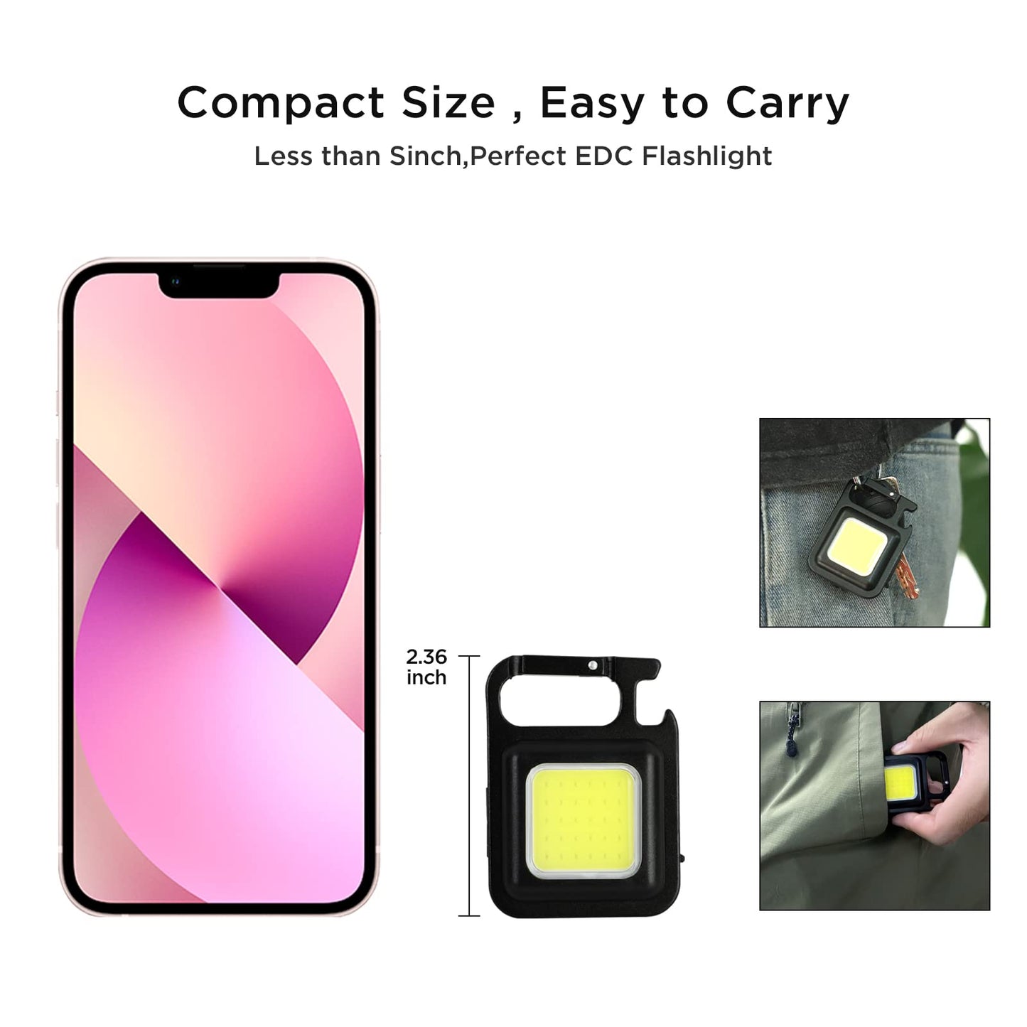 DOTCOM jeegol LED Mini Cob Keychain and Magentic Flashlight Portable USB Rechargeable Light 3 Light Modes with Folding Bracket,for Walking Camping?Square?,Black, 1000 Lumen