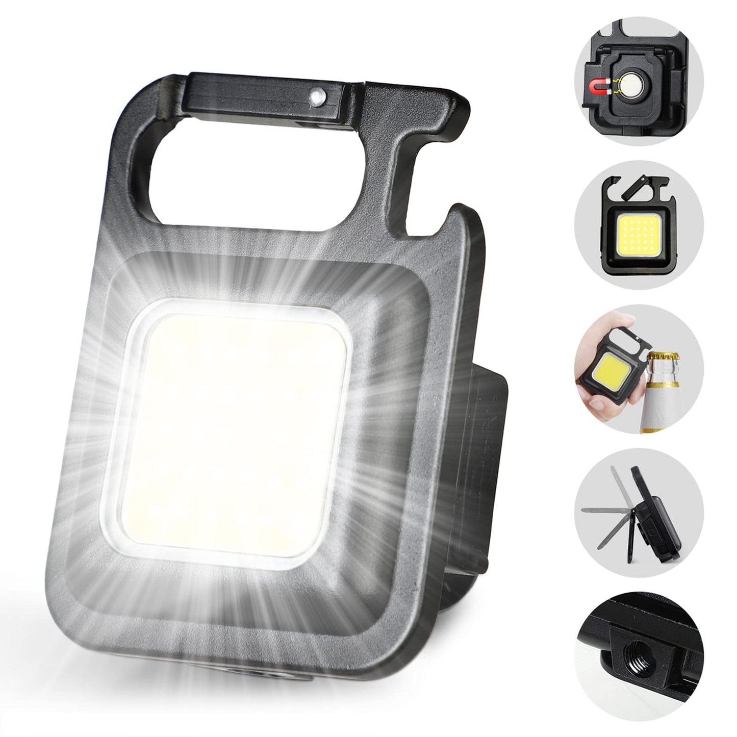 DOTCOM jeegol LED Mini Cob Keychain and Magentic Flashlight Portable USB Rechargeable Light 3 Light Modes with Folding Bracket,for Walking Camping?Square?,Black, 1000 Lumen