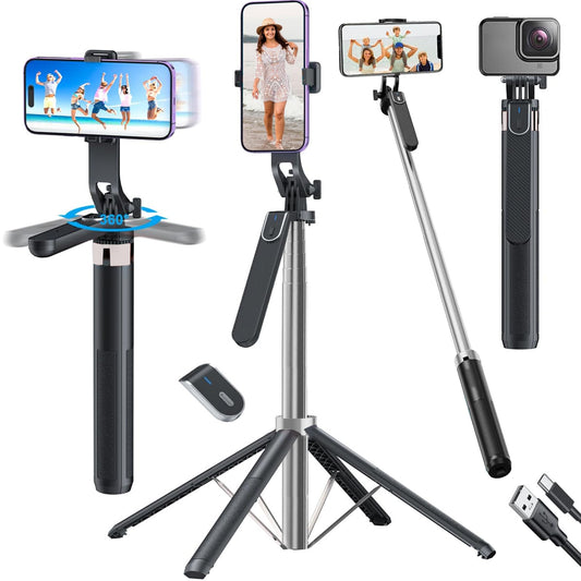 Kratos K5 Selfie Stick Tripod with Balance Handle, 64 inch & Stable 4 Leg Design,Recharable BT Remote, Long Tripod Stand for 360° Rotation Panoramic Shoot, Made for Phones,Ring Light, Gopro,Camera
