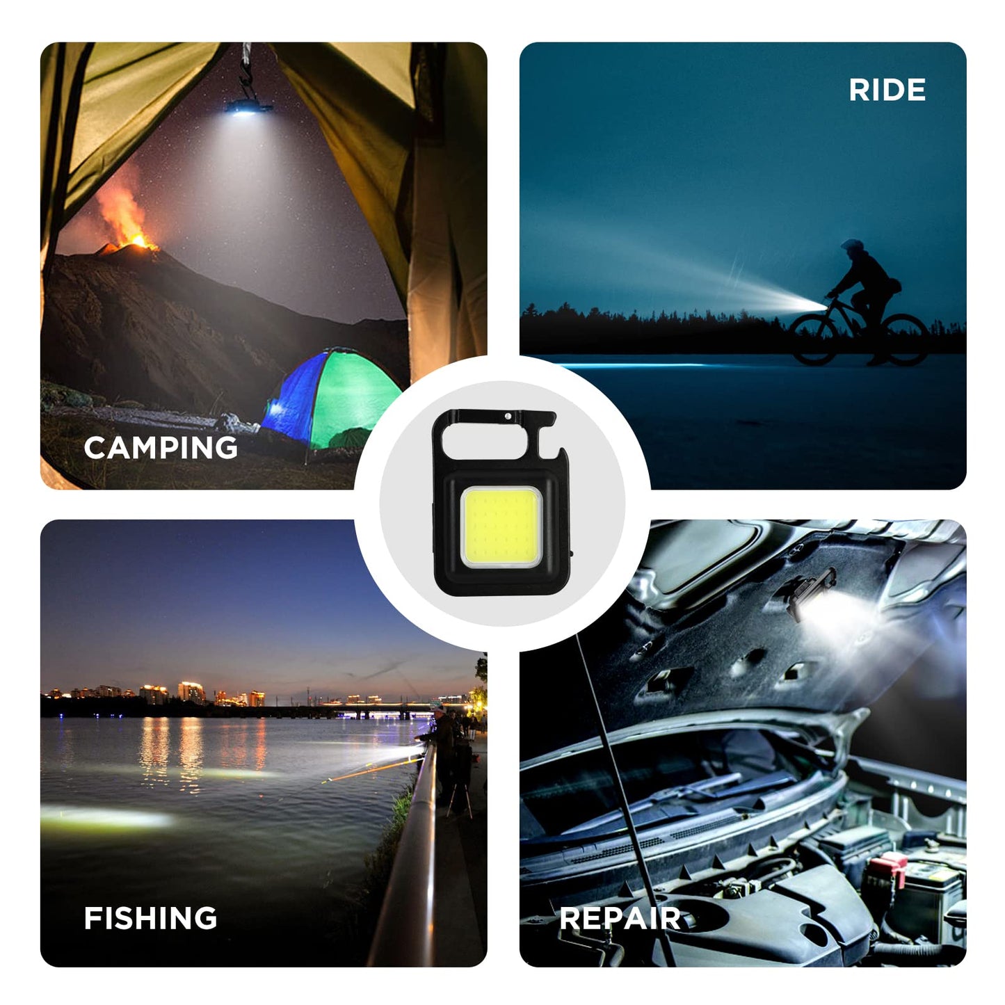 DOTCOM jeegol LED Mini Cob Keychain and Magentic Flashlight Portable USB Rechargeable Light 3 Light Modes with Folding Bracket,for Walking Camping?Square?,Black, 1000 Lumen