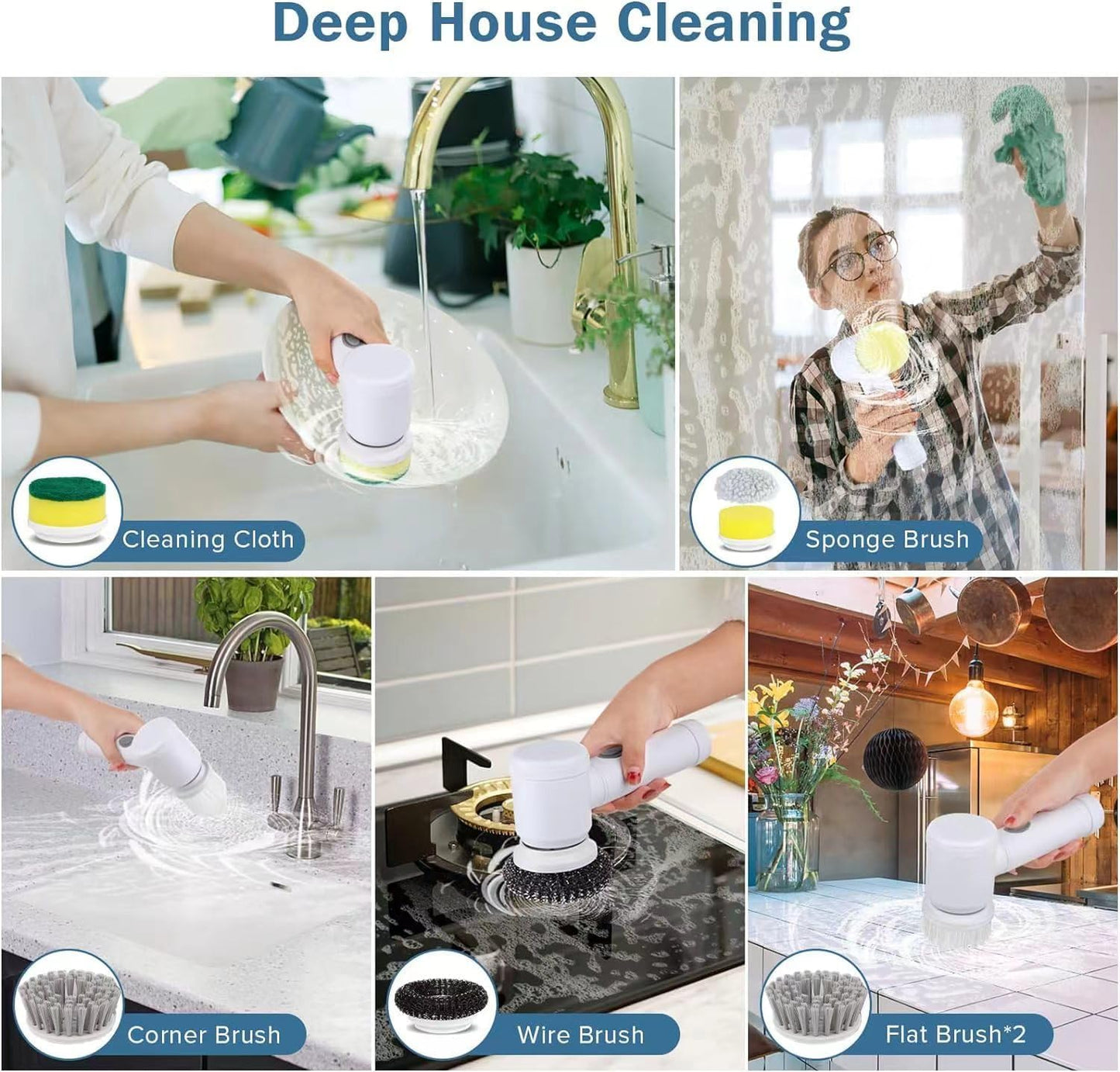 Cordless Electric Spin Scrubber with 8 Replaceable Brush Heads & Squeegee | Adjustable Handle, 2 Speed Settings | Ideal for Bathroom, Tile, Kitchen, and Tub Cleaning