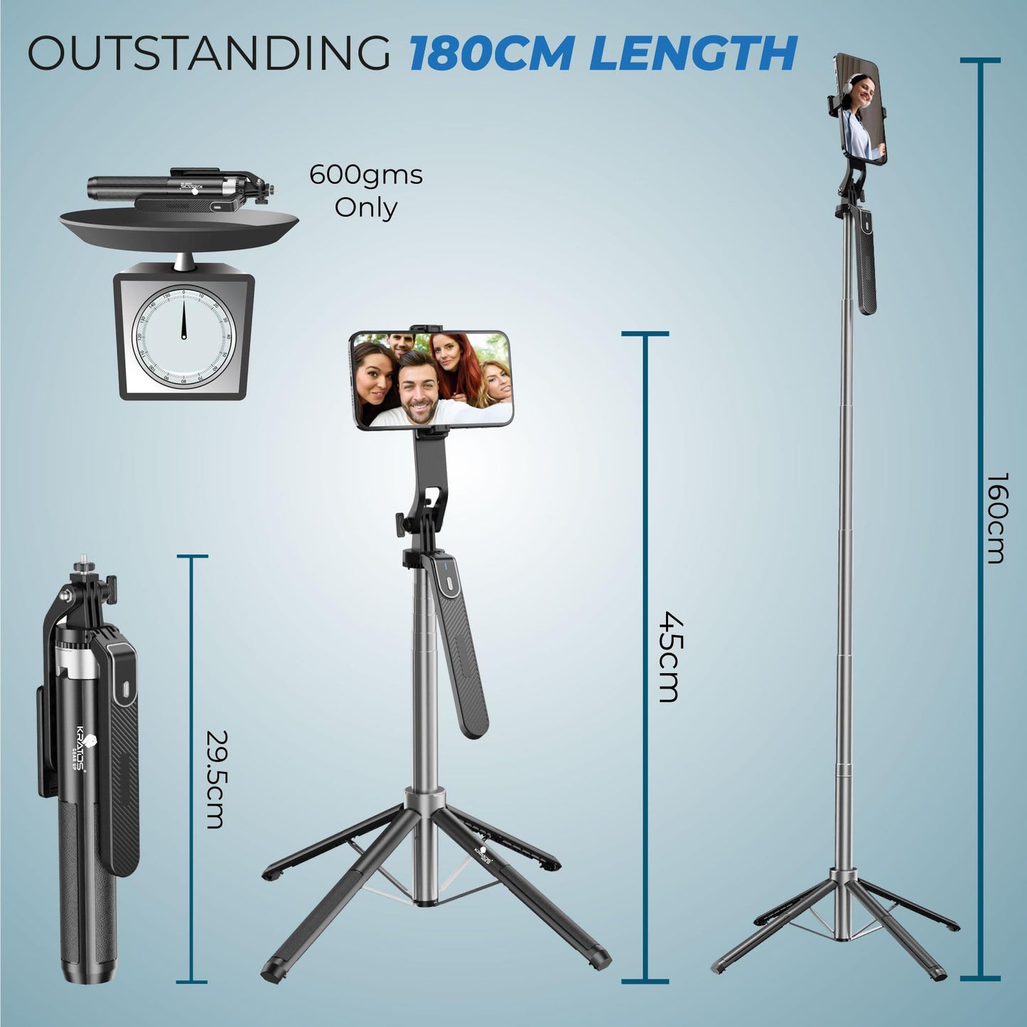 Kratos K5 Selfie Stick Tripod with Balance Handle, 64 inch & Stable 4 Leg Design,Recharable BT Remote, Long Tripod Stand for 360° Rotation Panoramic Shoot, Made for Phones,Ring Light, Gopro,Camera