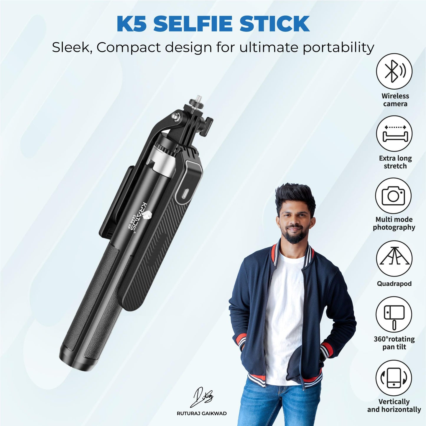 Kratos K5 Selfie Stick Tripod with Balance Handle, 64 inch & Stable 4 Leg Design,Recharable BT Remote, Long Tripod Stand for 360° Rotation Panoramic Shoot, Made for Phones,Ring Light, Gopro,Camera