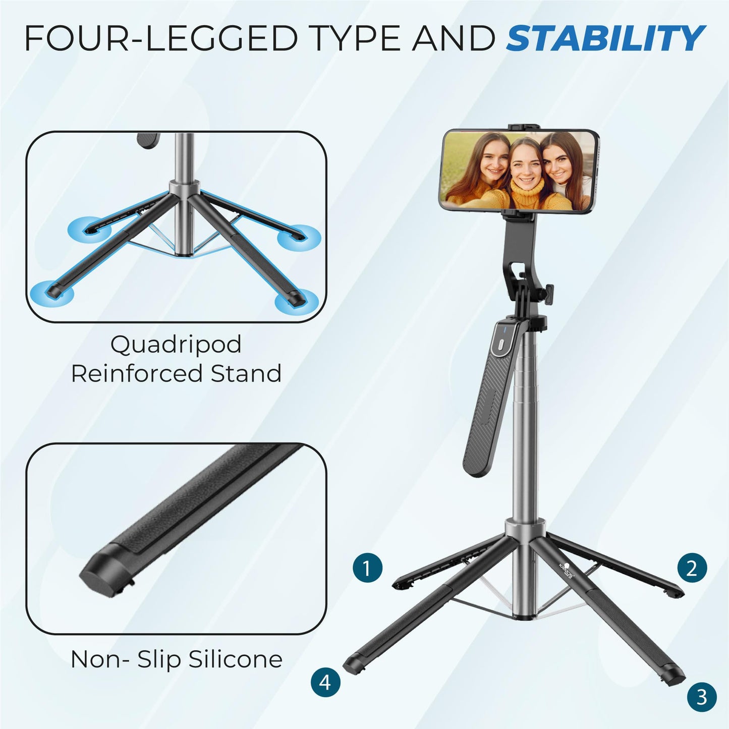 Kratos K5 Selfie Stick Tripod with Balance Handle, 64 inch & Stable 4 Leg Design,Recharable BT Remote, Long Tripod Stand for 360° Rotation Panoramic Shoot, Made for Phones,Ring Light, Gopro,Camera