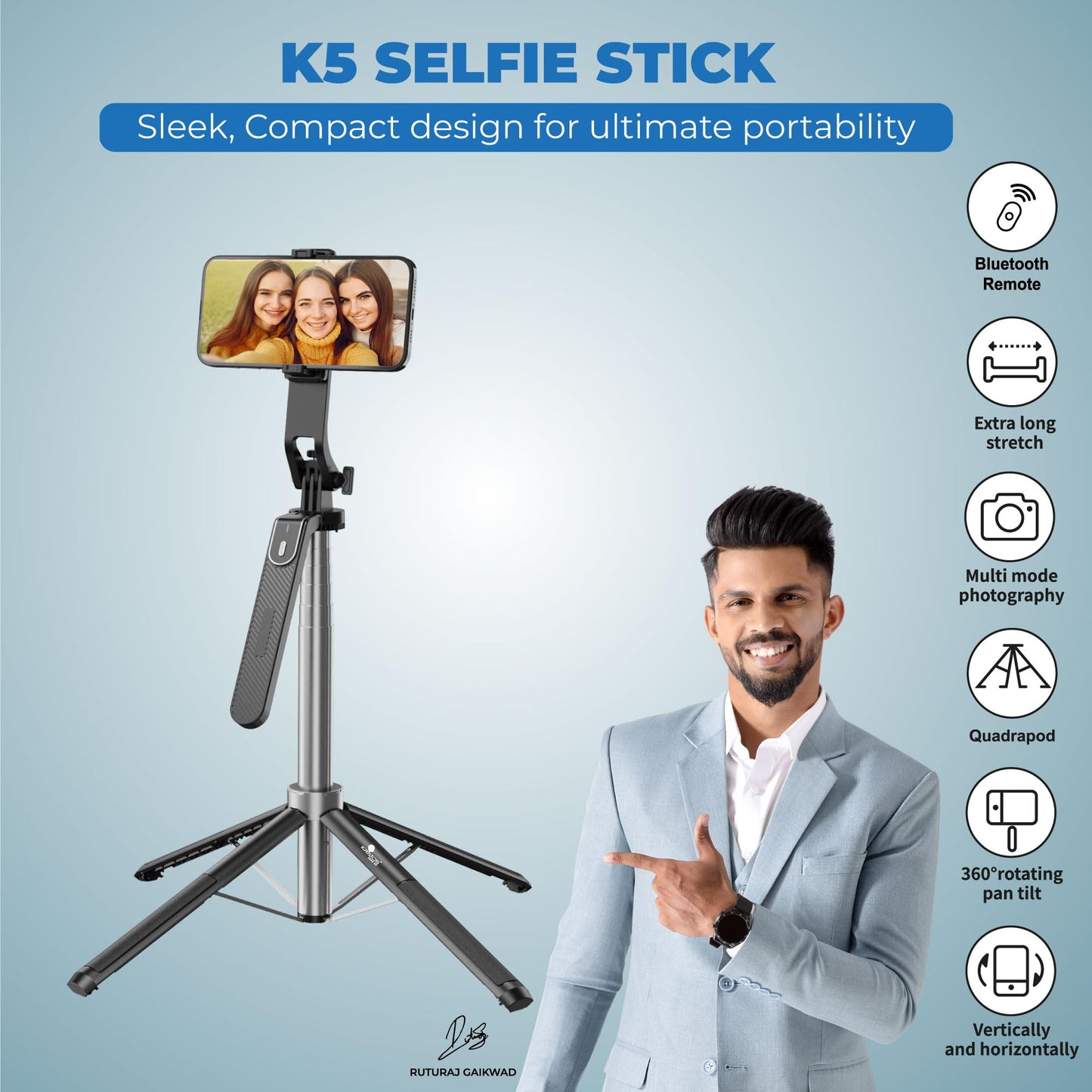 Kratos K5 Selfie Stick Tripod with Balance Handle, 64 inch & Stable 4 Leg Design,Recharable BT Remote, Long Tripod Stand for 360° Rotation Panoramic Shoot, Made for Phones,Ring Light, Gopro,Camera